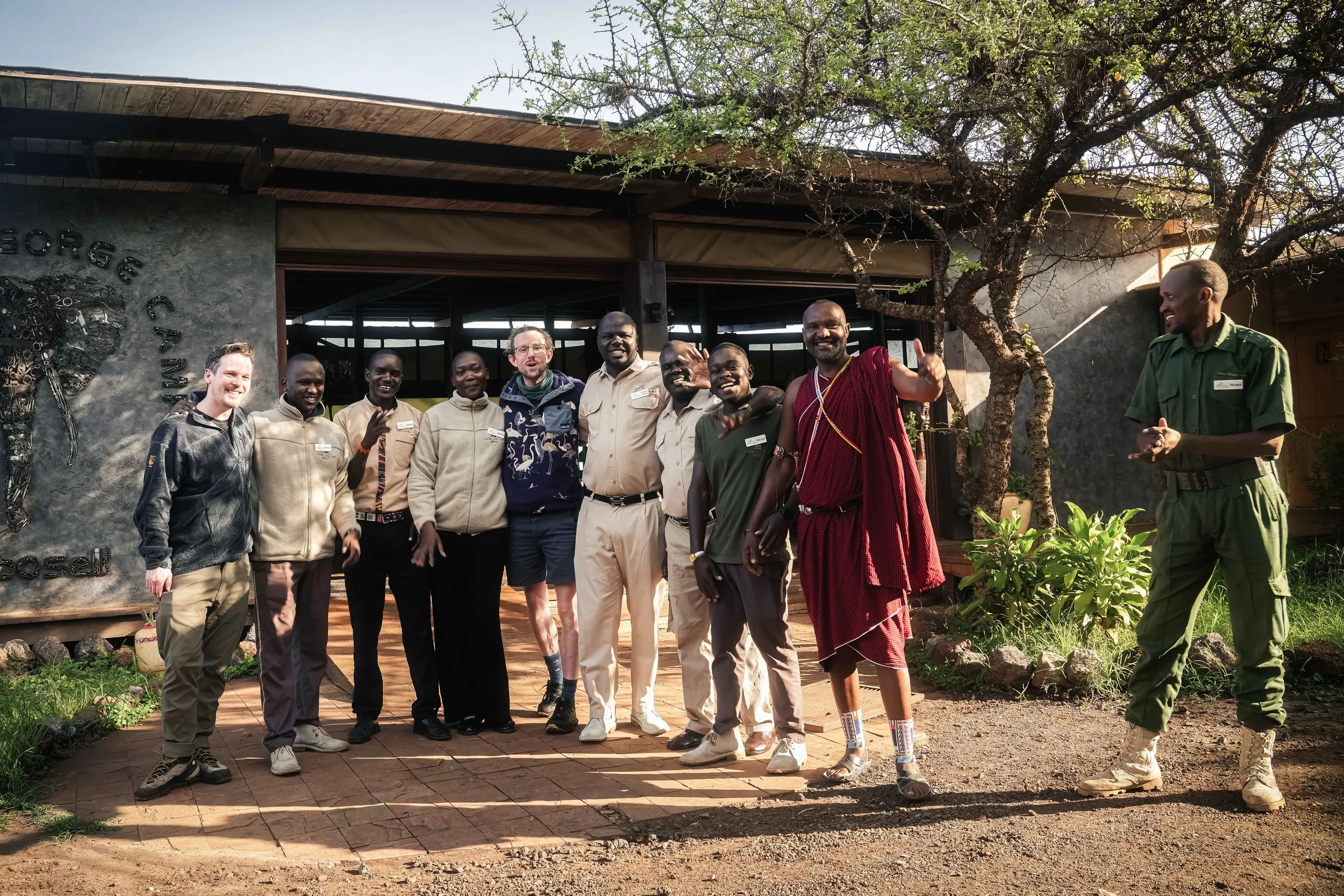 Group photograph at Elephant Gorge Camp in Amboseli, Kenya, during the Kenya painting and documentary journey.