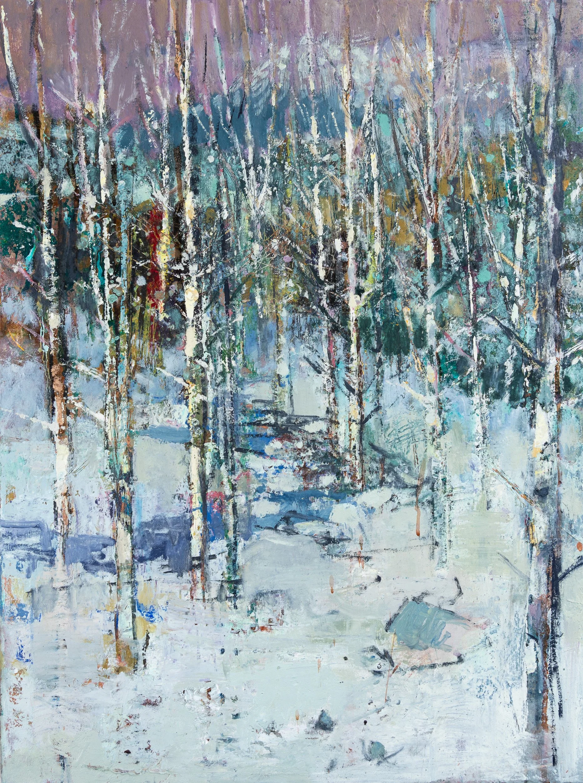 River Flows, A Silver Thread, contemporary landscape painting by Peter Kettle depicting silver birch trees and snow in Hokkaido, Japan.