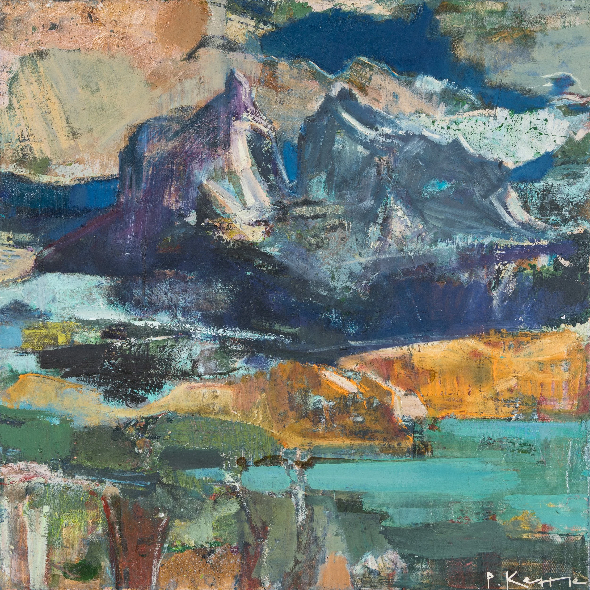 Torres del Paine, Patagonia, oil and mixed-media mountain landscape painting by Peter Kettle, with turquoise, ochre, blue and violet.