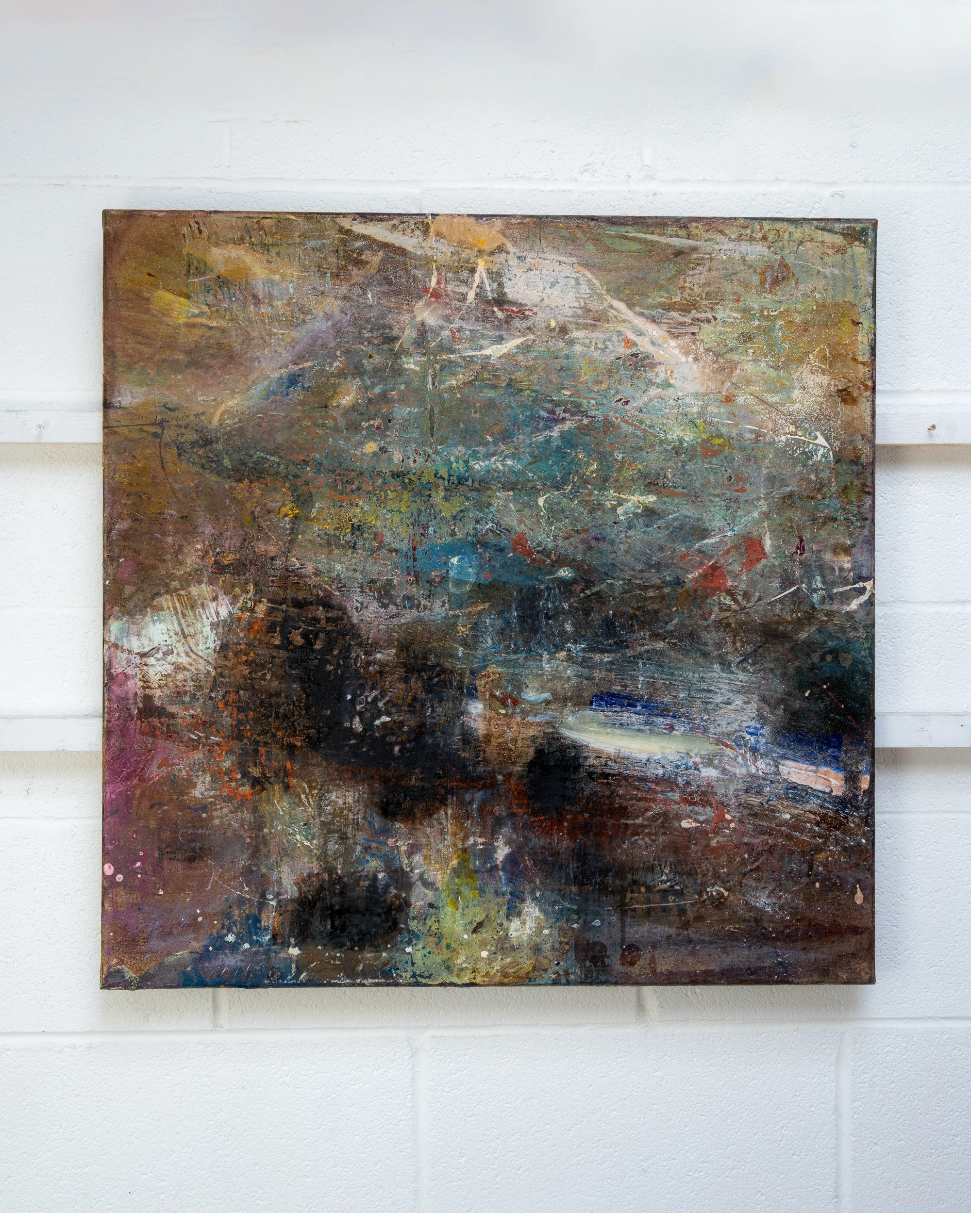 Corrie, an abstract oil and mixed media painting by Peter Kettle from the Ôl series, photographed on the studio wall.