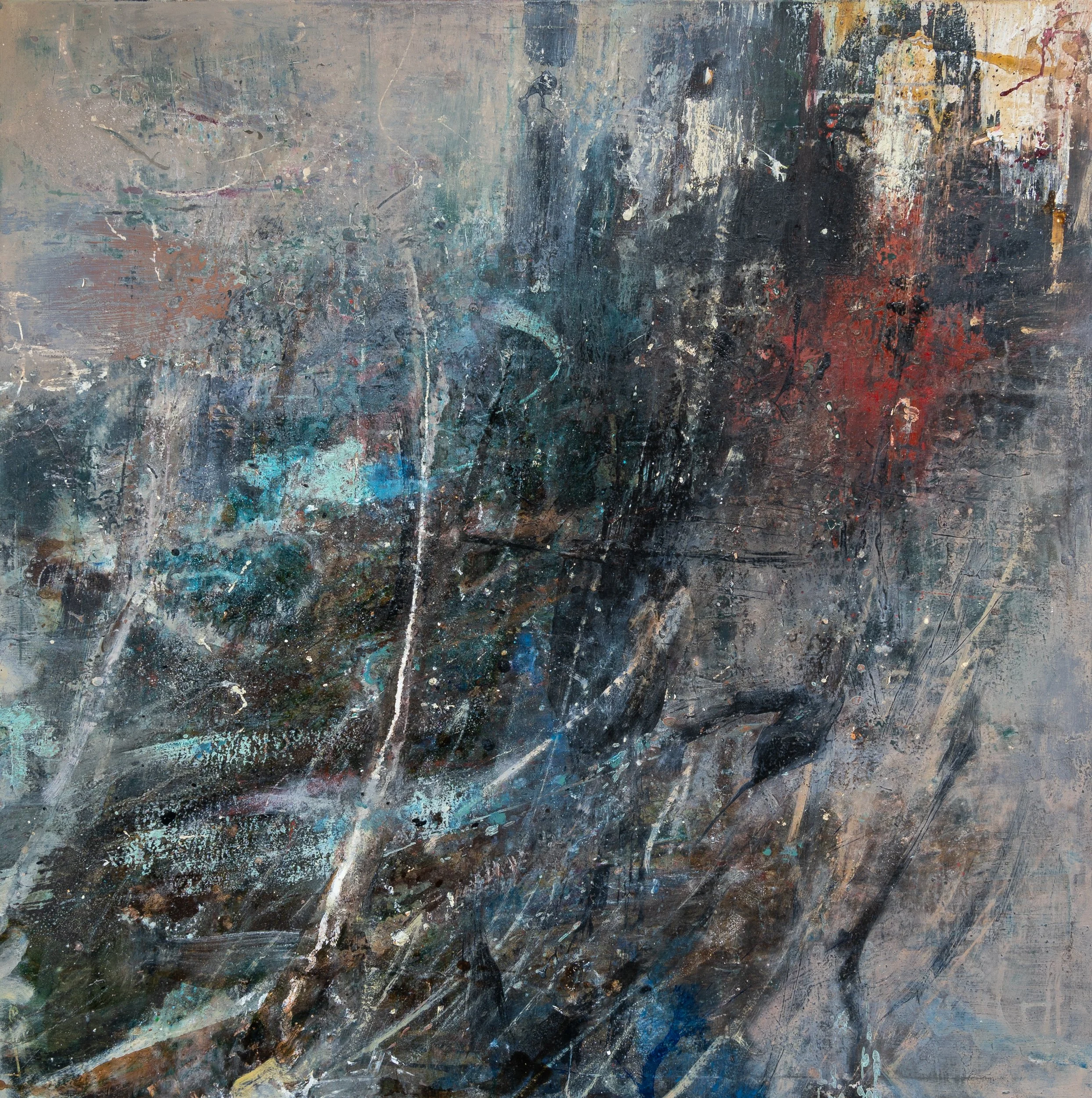 Into Chogoria by Peter Kettle, an abstract oil and mixed media painting inspired by the descent through Mount Kenya’s Chogoria landscape.