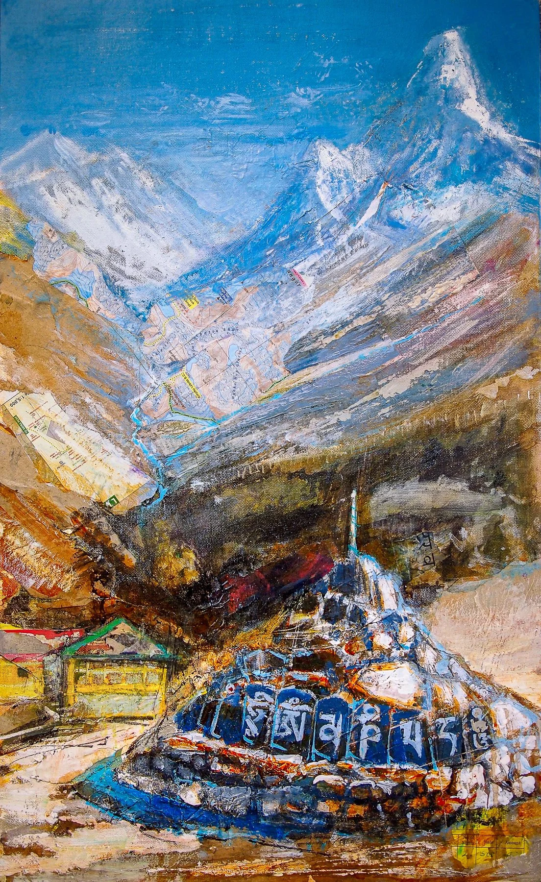 Morning view from Tengboche with a stone cairn and Himalayan peaks, original Everest landscape painting by Peter Kettle.