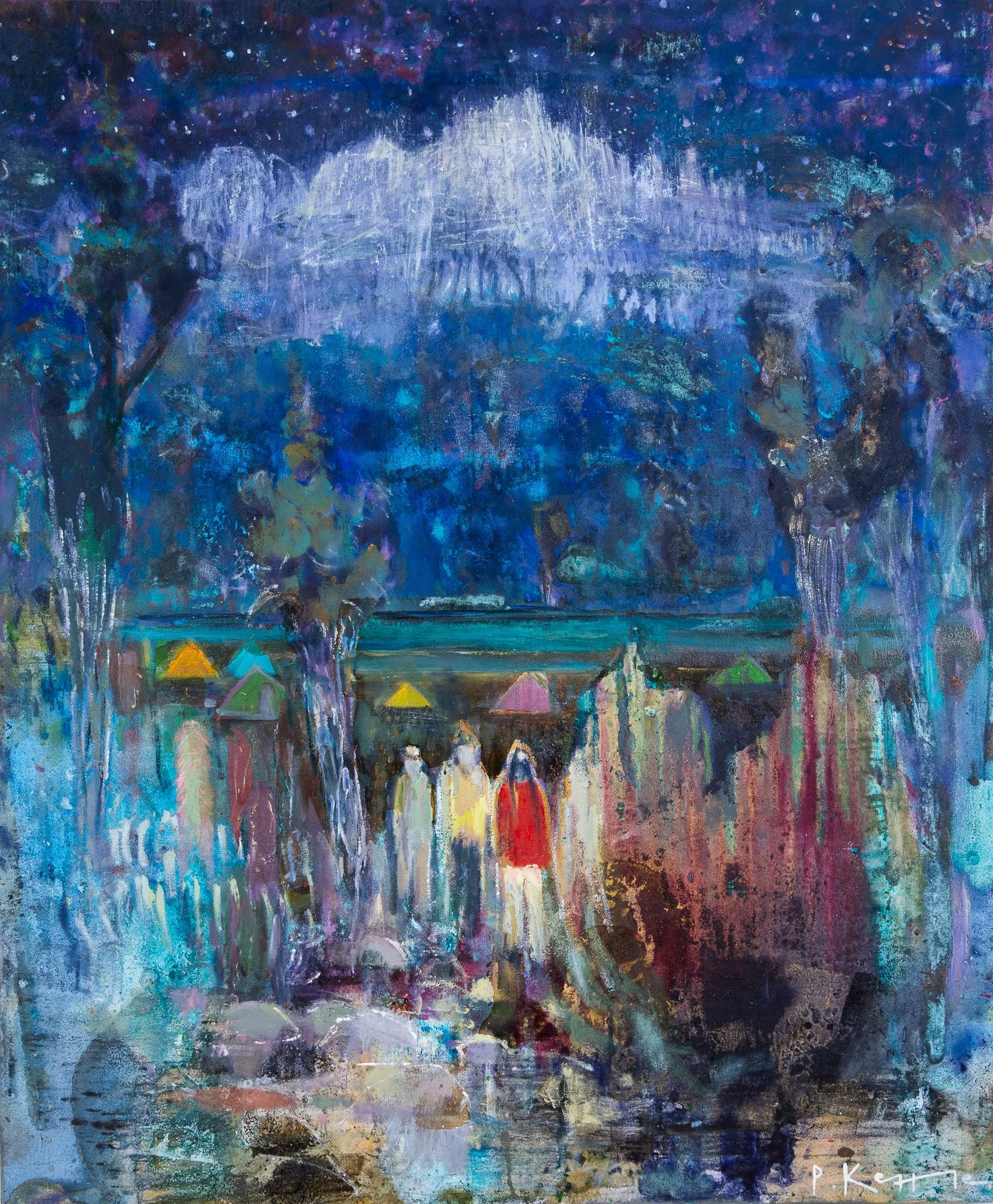 Original painting by Peter Kettle depicting a night camp among the alpine landscape of Mount Kenya, with figures, tents and the mountain illuminated above.