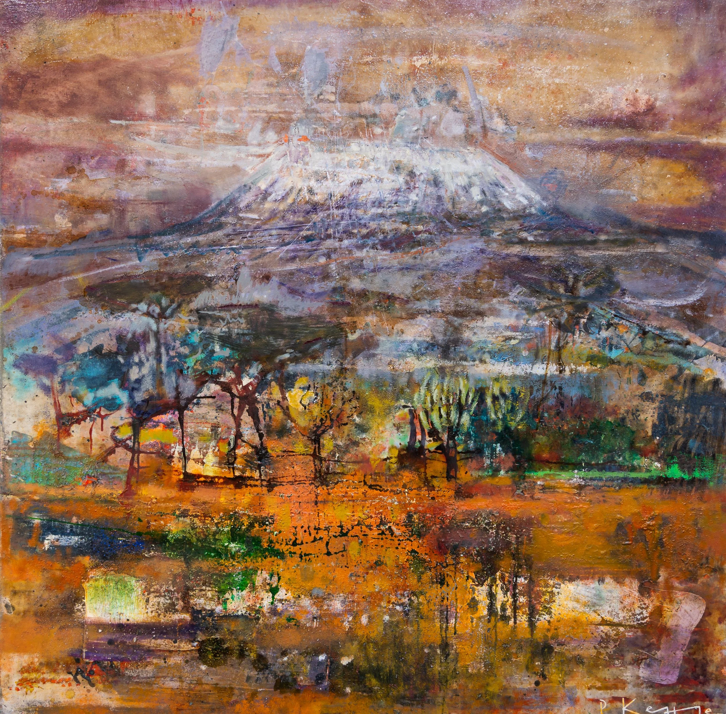 Beneath Kilimanjaro, original painting by Peter Kettle showing Mount Kilimanjaro rising above the colourful savannah landscape of Amboseli, Kenya.
