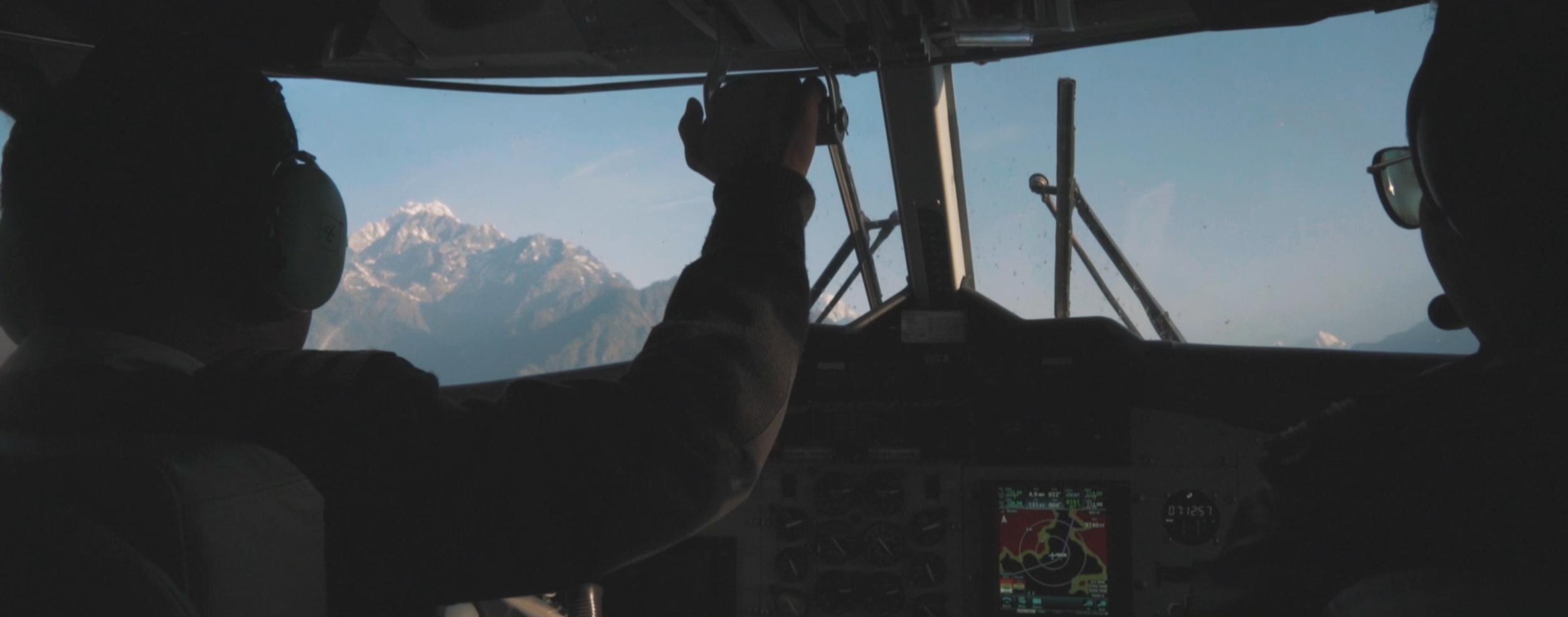 View of the Himalayas from the cockpit during the flight from Kathmandu to Lukla, Nepal