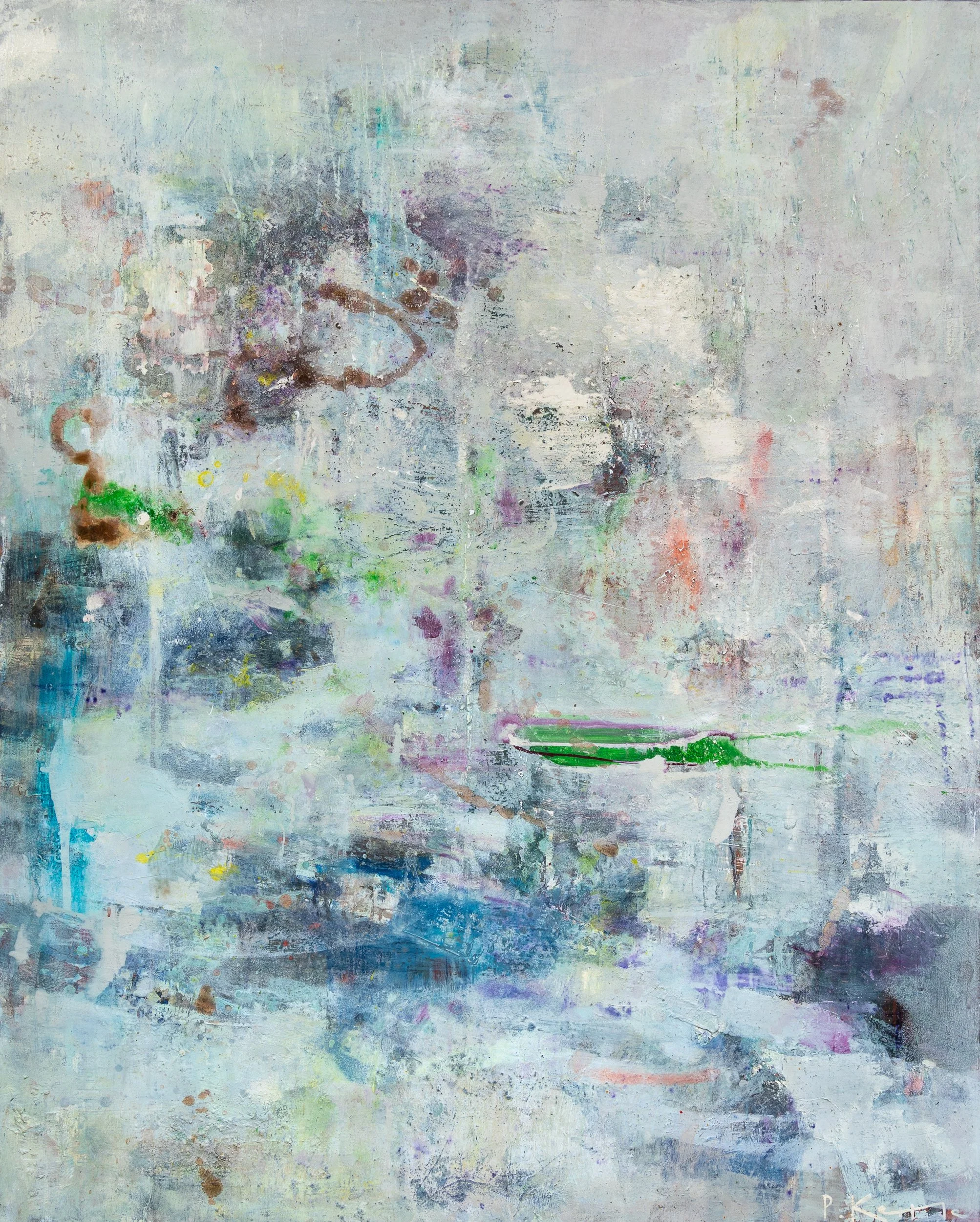 Lost Meridian, abstract landscape painting by Peter Kettle, with layered pale blue, white and green oil and mixed media marks.