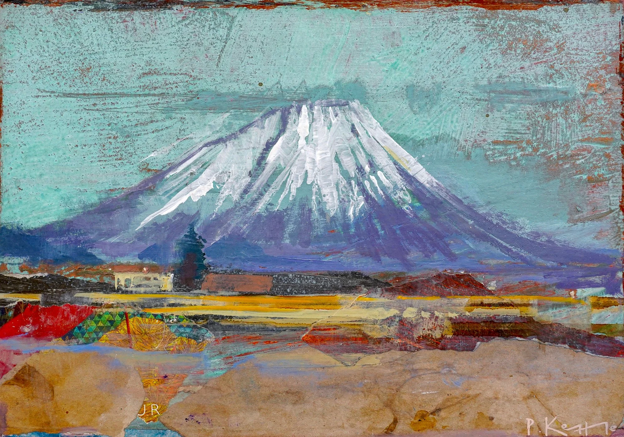 Mount Yotei, Hokkaido, depicted in an oil and collage landscape painting by British artist Peter Kettle.