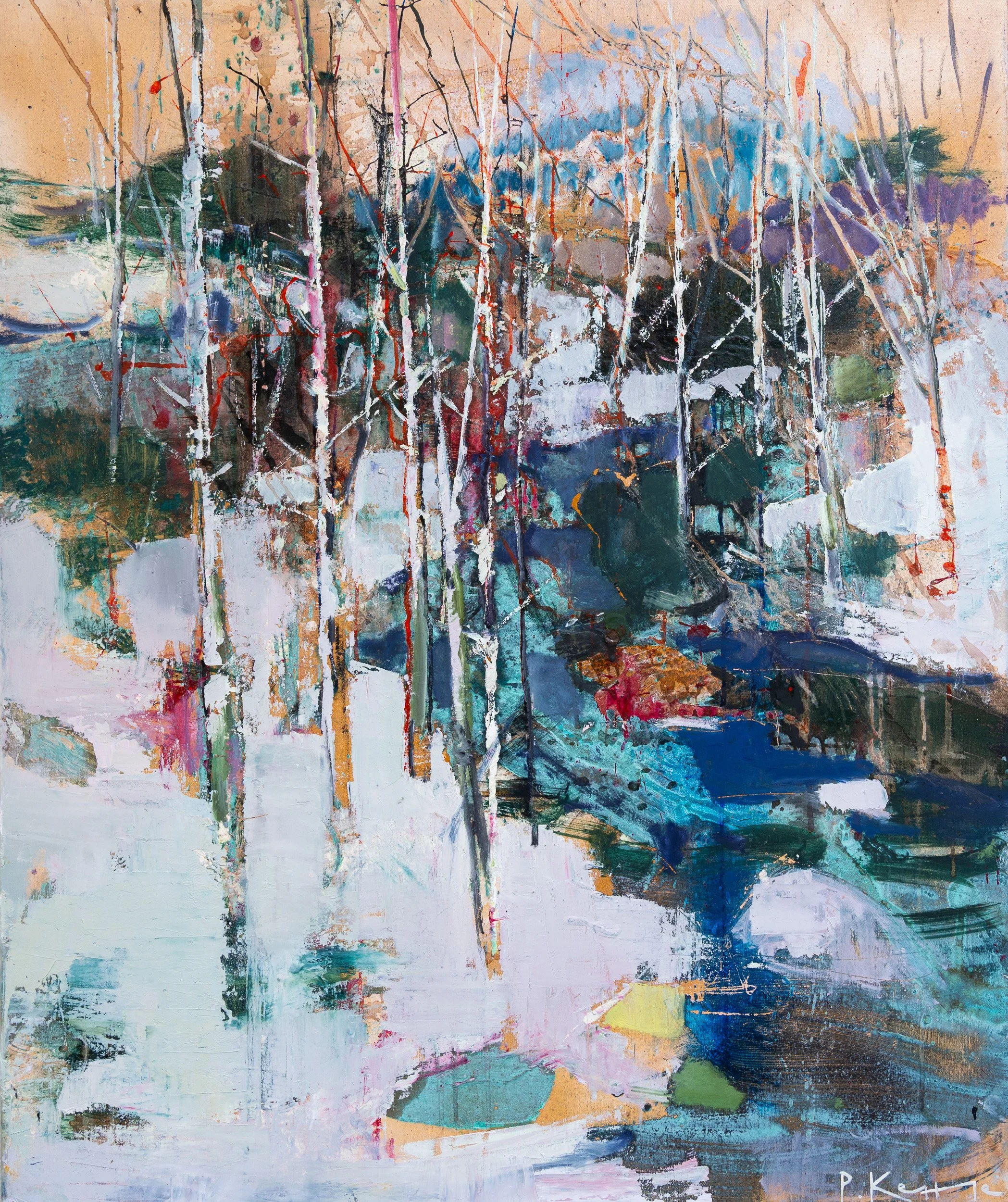 Hokkaido Wakes From Sleep, contemporary winter landscape painting by Peter Kettle, inspired by the forests and snow of Hokkaido, Japan.