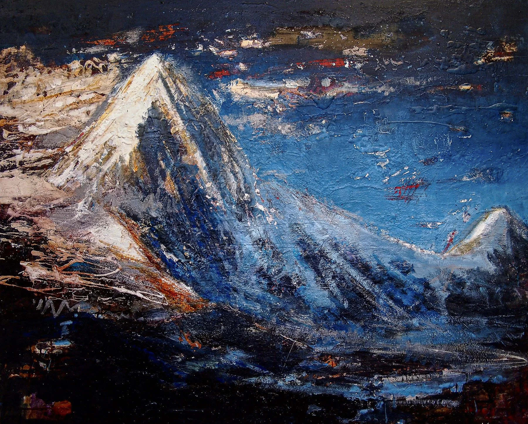 Sunset over Mt Pumori from Gorak Shep on the Everest Base Camp trail, original Himalayan painting by Peter Kettle.