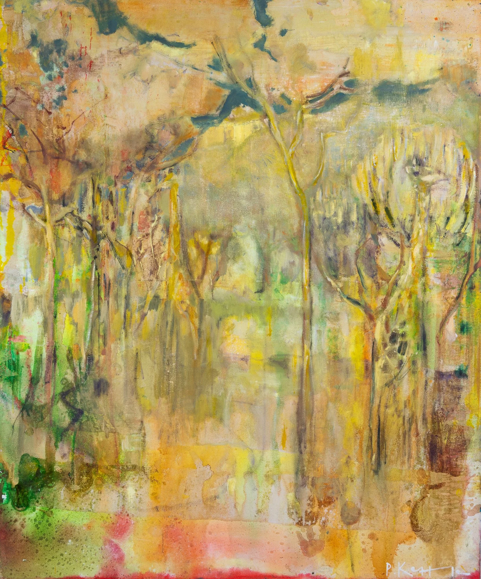 Original painting by Peter Kettle depicting giraffes moving among acacia trees in the warm, hazy landscape of Amboseli, Kenya.