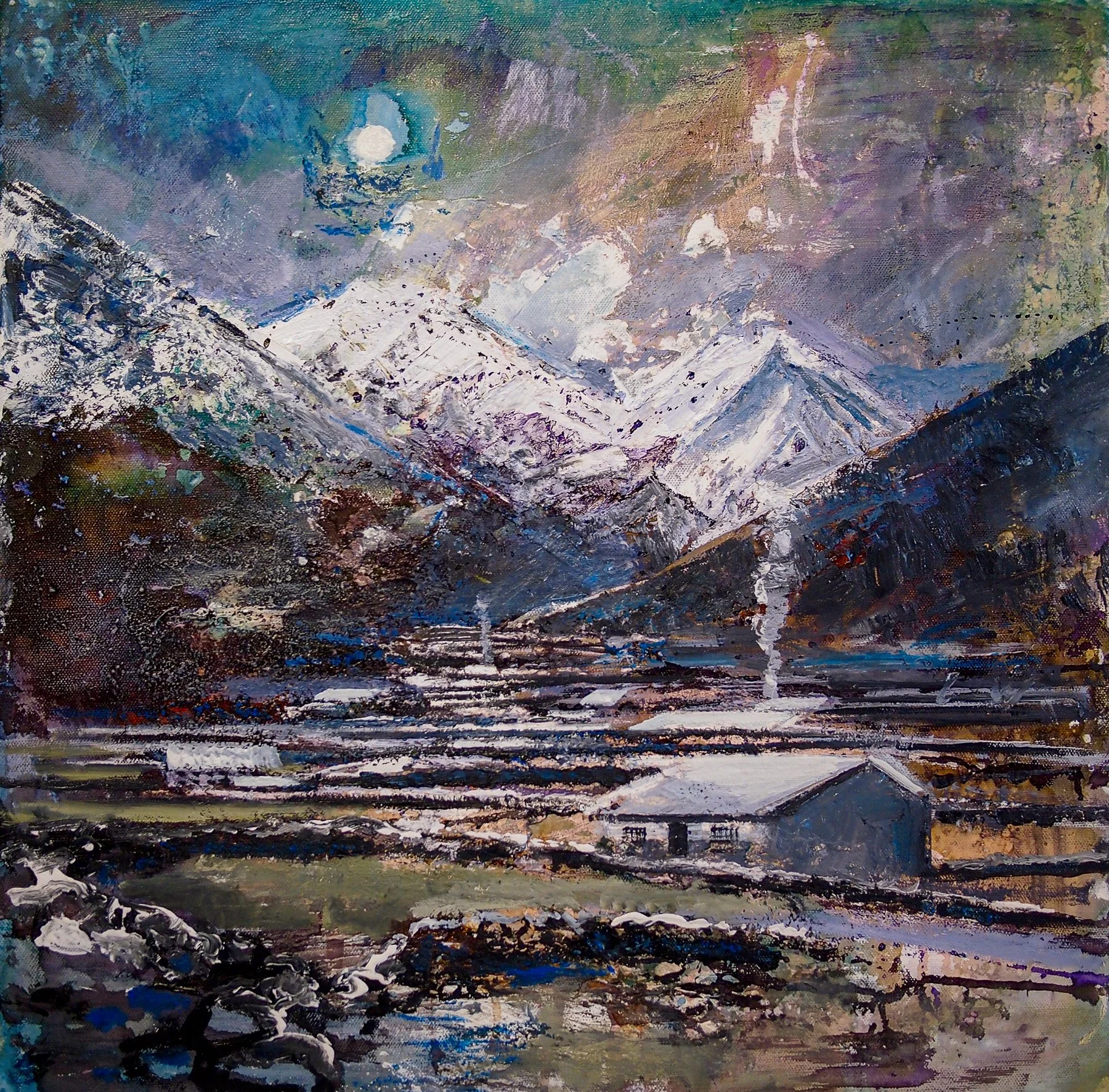 Moonlight over Island Peak and the terraced landscape of Dingboche, Nepal, original Himalayan painting by Peter Kettle.