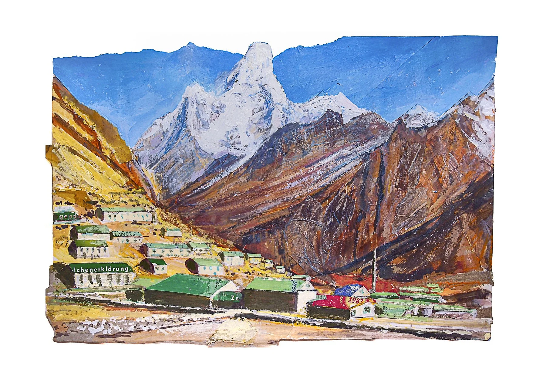 Mixed-media collage by Peter Kettle depicting Dingboche beneath Ama Dablam on the Everest Base Camp trail in Nepal.