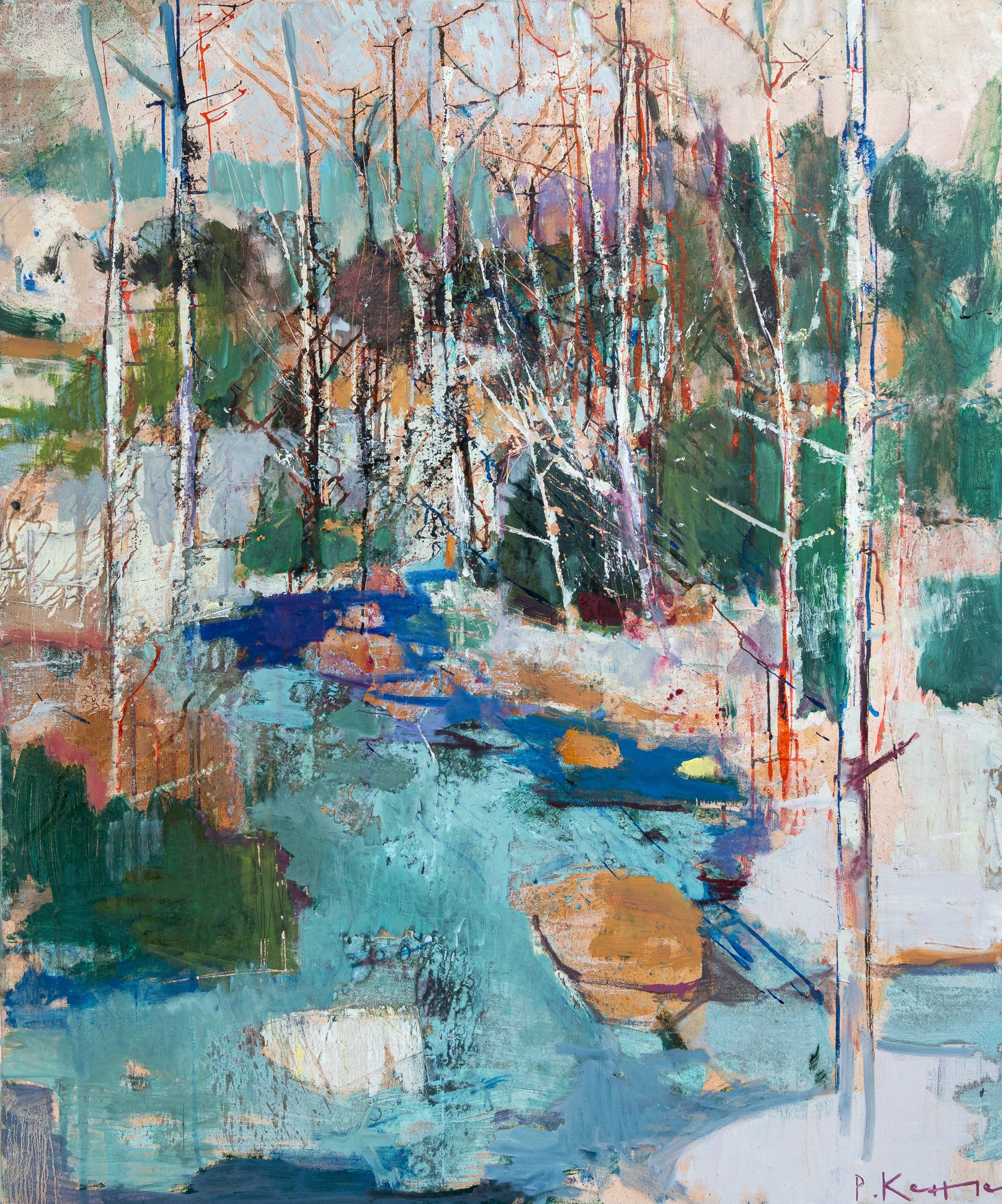 Spring Buds Break Their Frost, contemporary landscape painting by Peter Kettle inspired by the spring thaw and returning colour of Hokkaido, Japan.