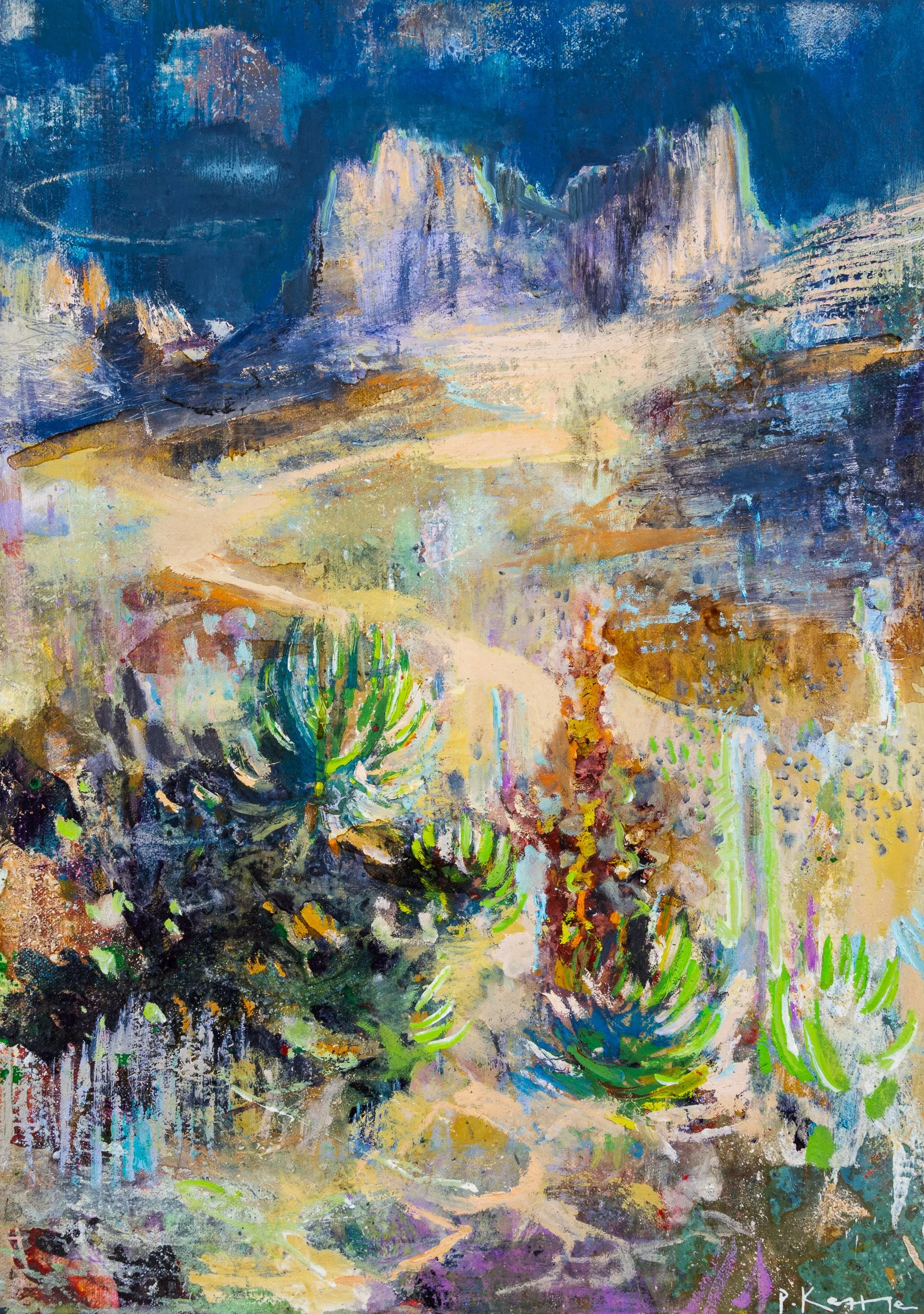 Original Mount Kenya painting by Peter Kettle showing giant lobelias beneath the mountain peaks on the descent towards Shipton’s Camp.