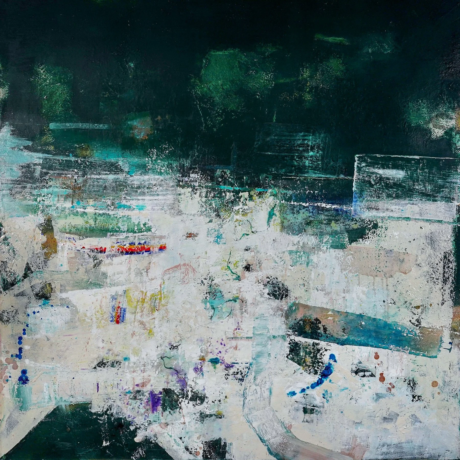 Hinterland by Peter Kettle, abstract mixed-media landscape painting in muted green and cream from the Ôl collection.