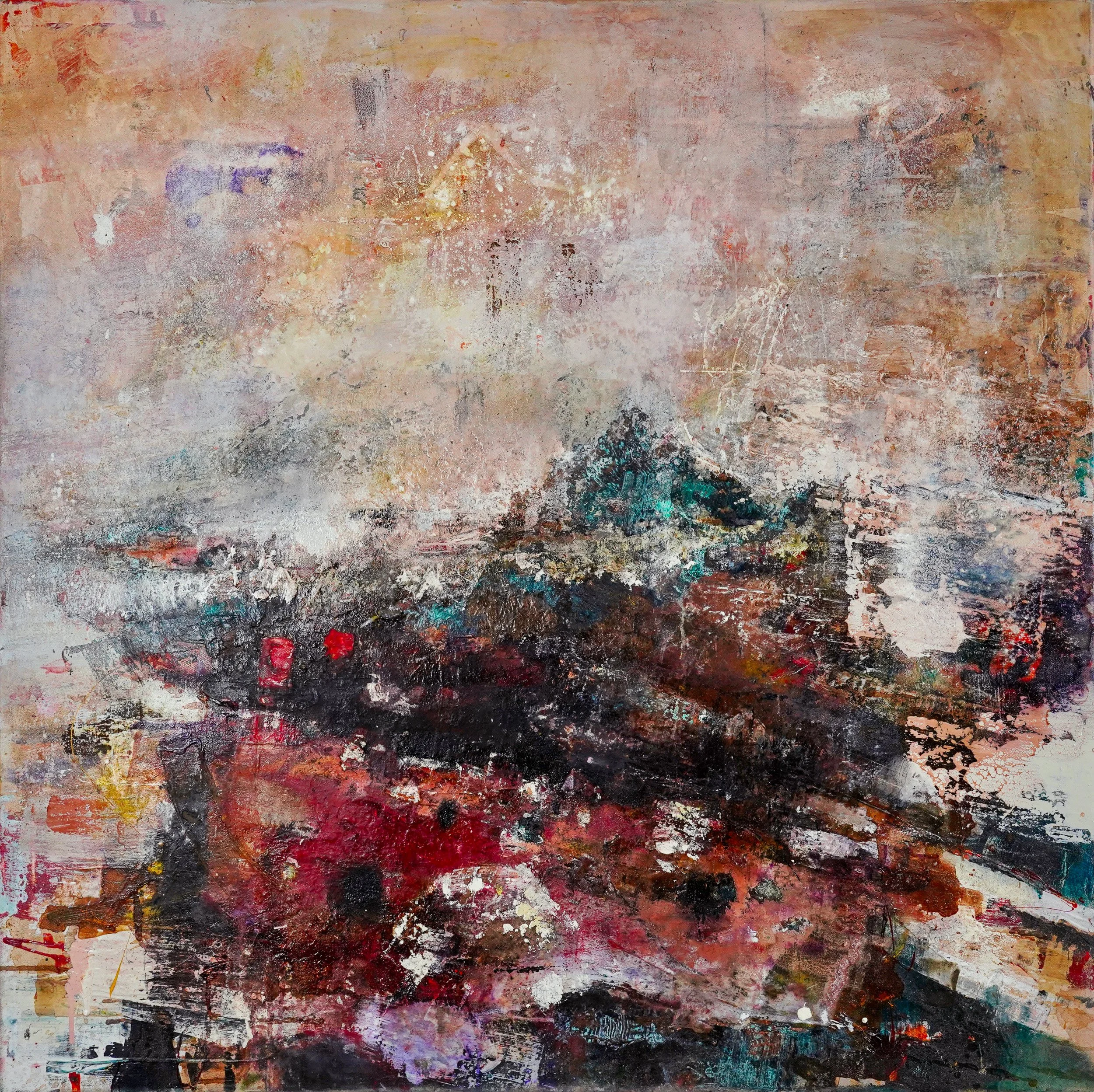 Orogen, an abstract landscape painting by Peter Kettle from the Ôl series, with layered earth reds, pale mineral tones and fragmented mountain forms.