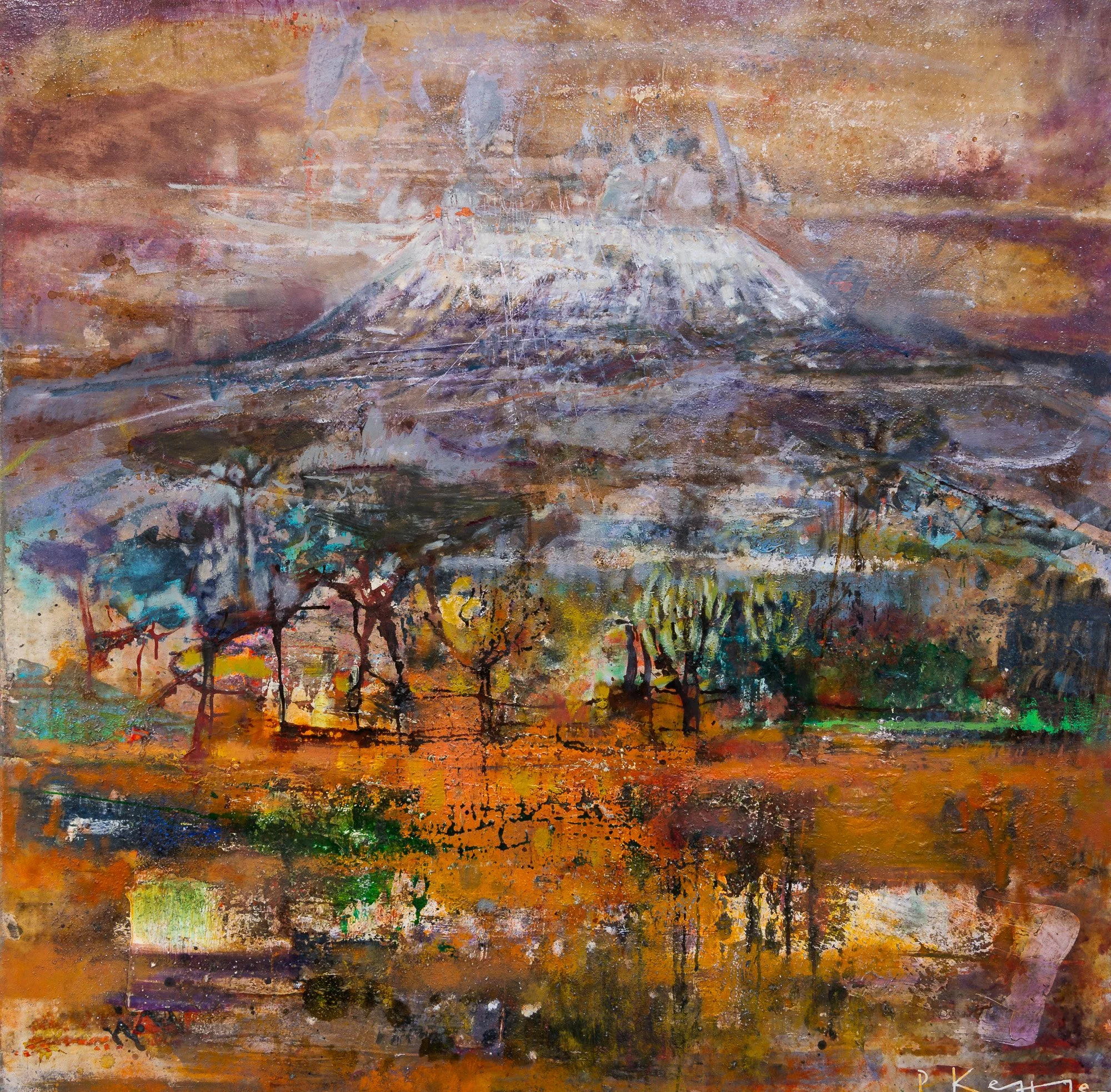 Abstract landscape painting of Mount Kilimanjaro rising above the colourful acacia plains of Kenya by Peter Kettle.