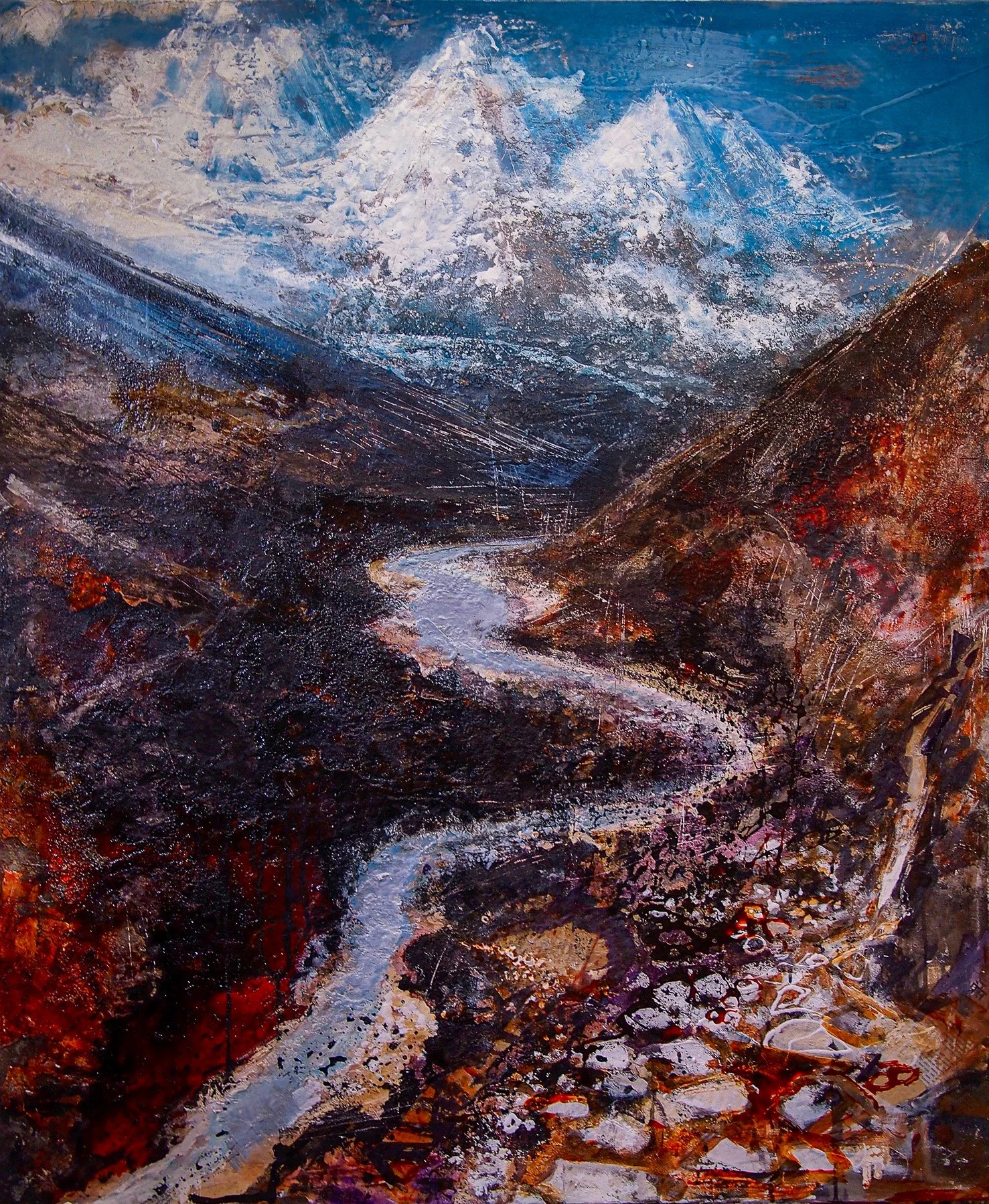Mountain valley between Dingboche and Pangboche in Nepal, original Himalayan landscape painting by Peter Kettle.