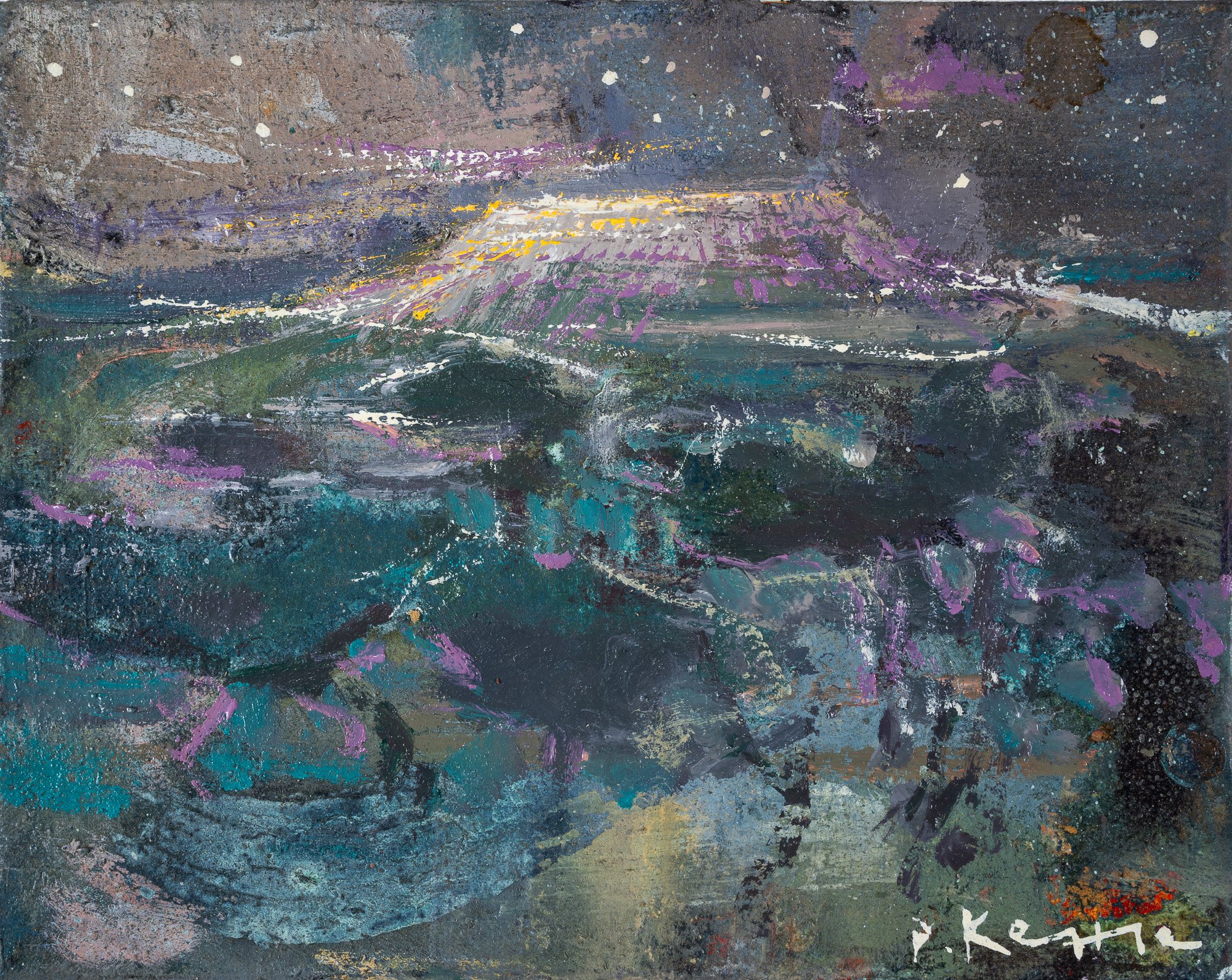 Starlit Silver Lines Over Kilimanjaro by Peter Kettle, an expressive oil and mixed media painting of Kilimanjaro beneath a dark, starlit African sky.