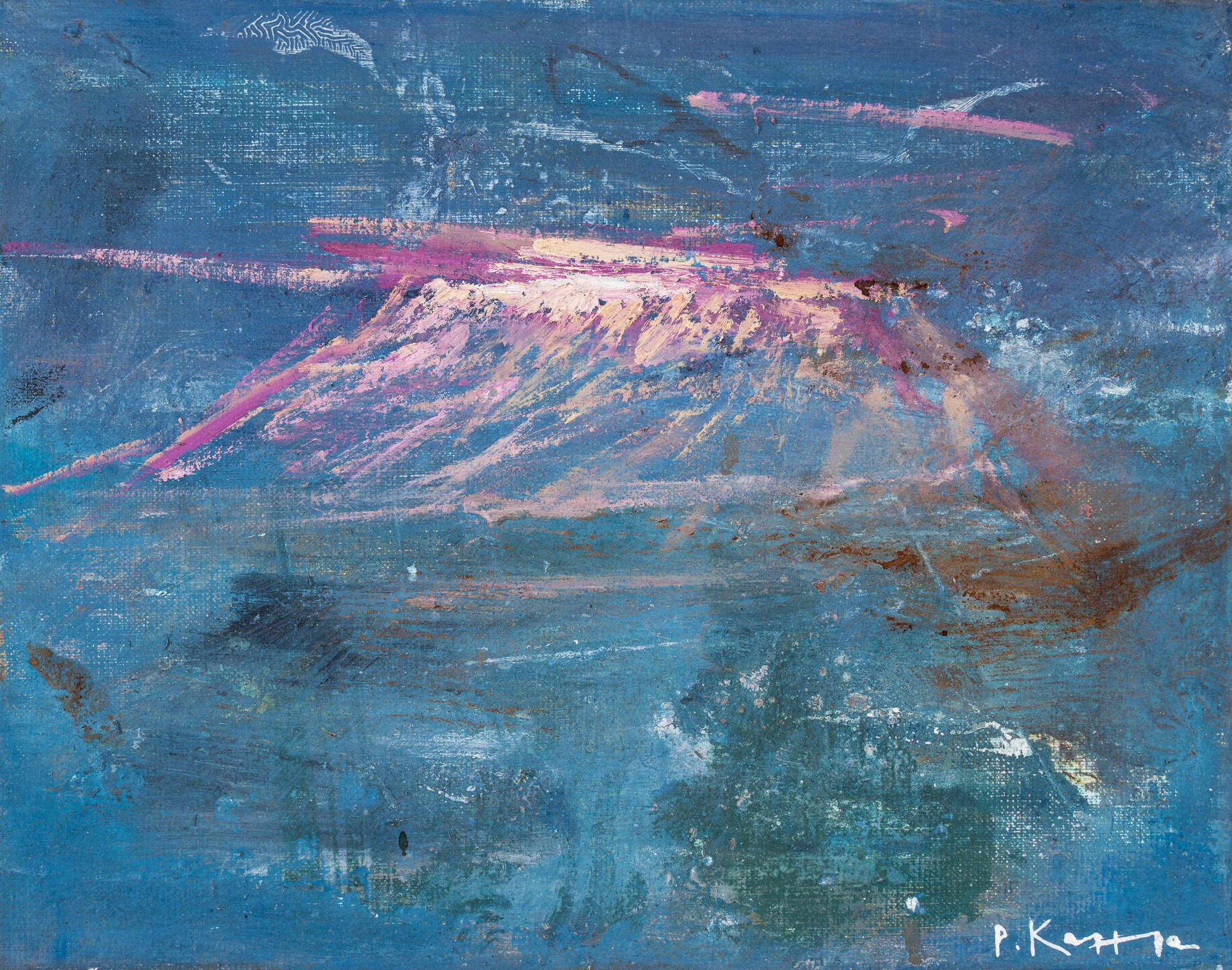 Original painting by Peter Kettle depicting Kilimanjaro at sunrise, with pink first light illuminating the summit above the blue landscape of Amboseli.
