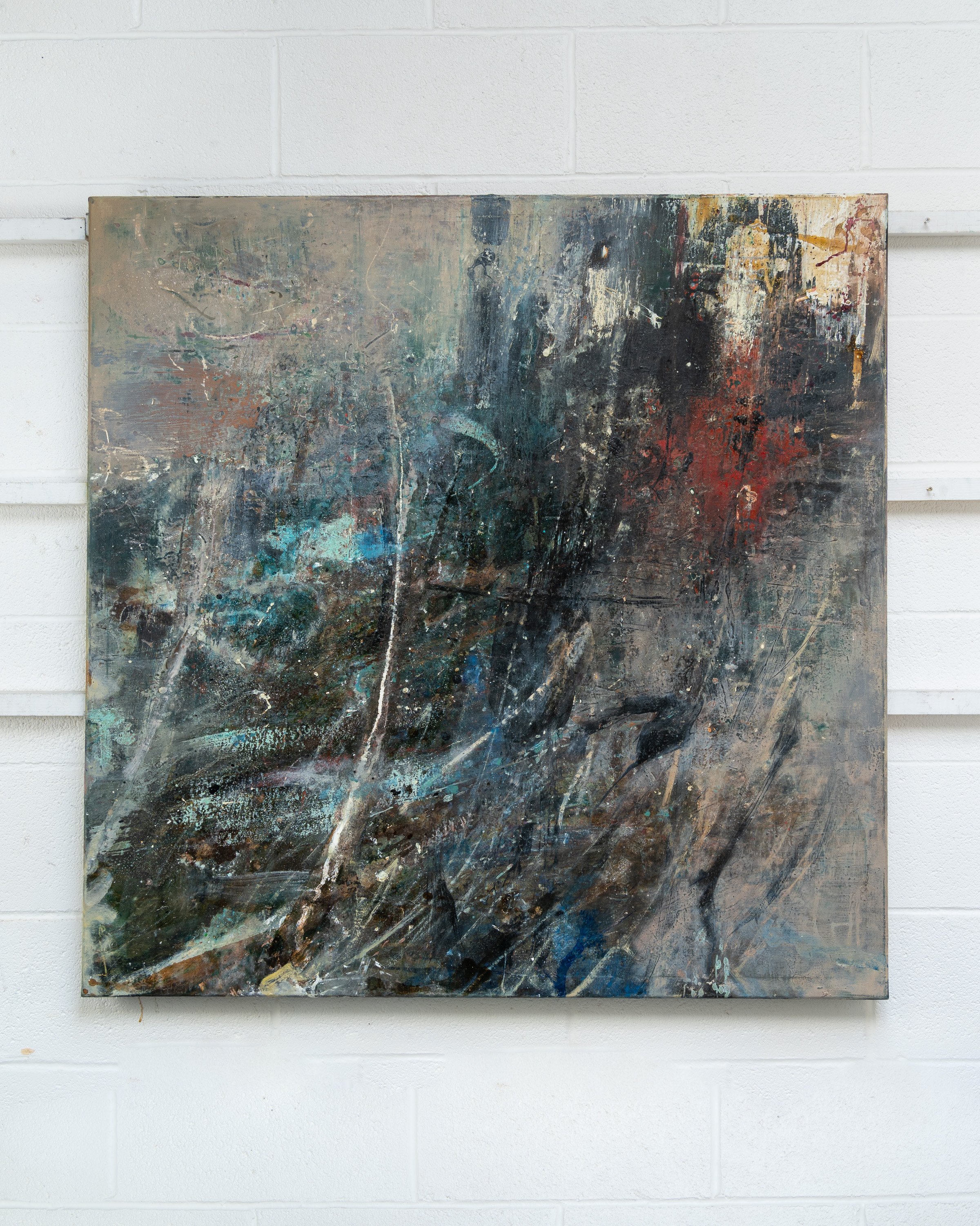Into Chogoria by Peter Kettle, an abstract oil and mixed media painting inspired by the descent through Mount Kenya’s Chogoria landscape.