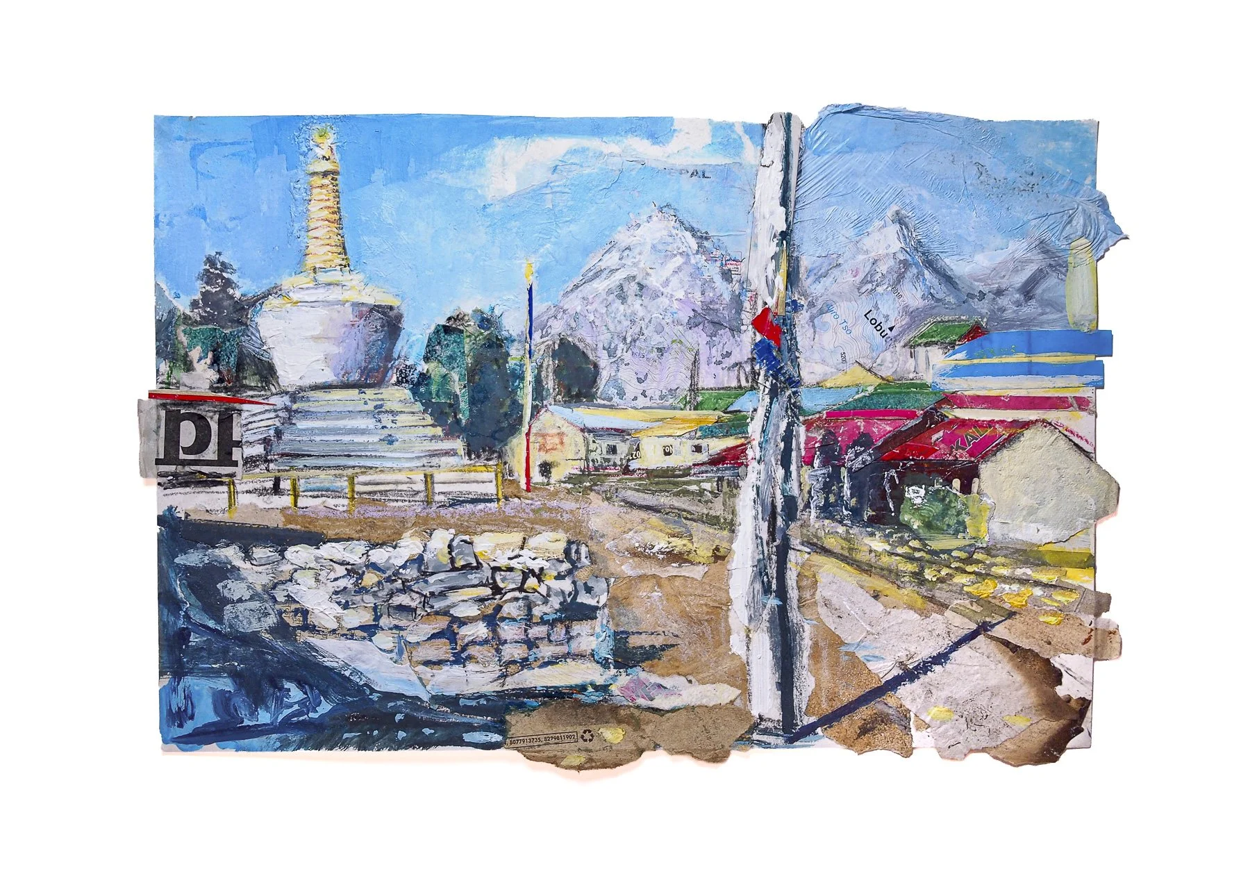 Mixed-media collage of Tengboche Monastery and the surrounding Himalayan mountains on the Everest Base Camp trail in Nepal by artist Peter Kettle.