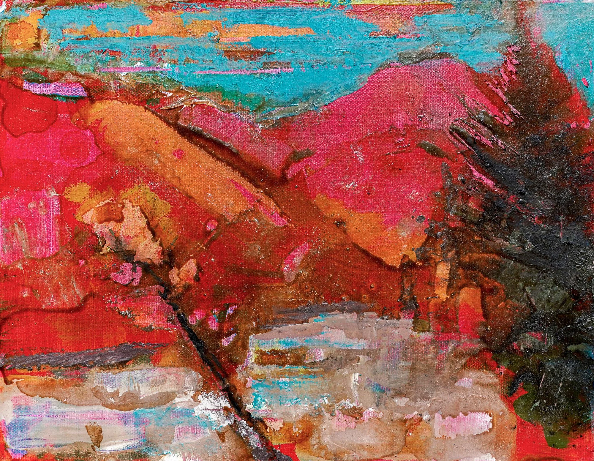 Sunset in the Japan Alps – Kamikochi, abstract landscape painting by Peter Kettle inspired by evening light and mountain forms in Kamikochi, Japan.