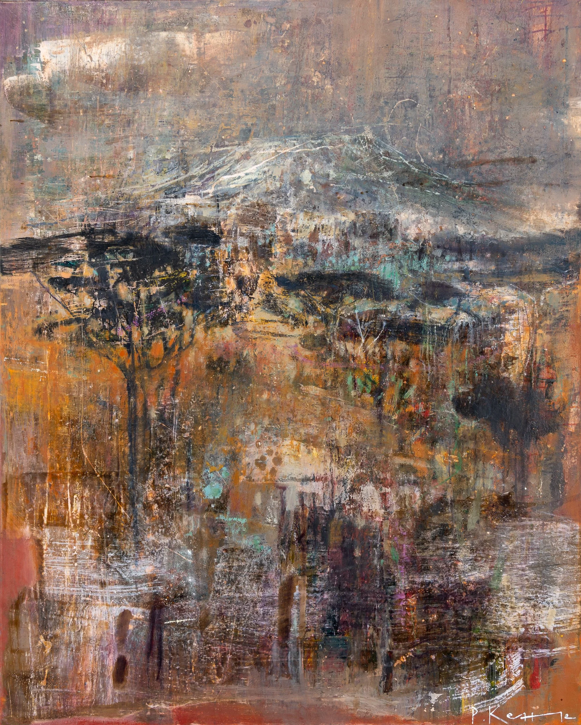Kibo, abstract landscape painting of Mount Kilimanjaro and the Amboseli plains by Peter Kettle