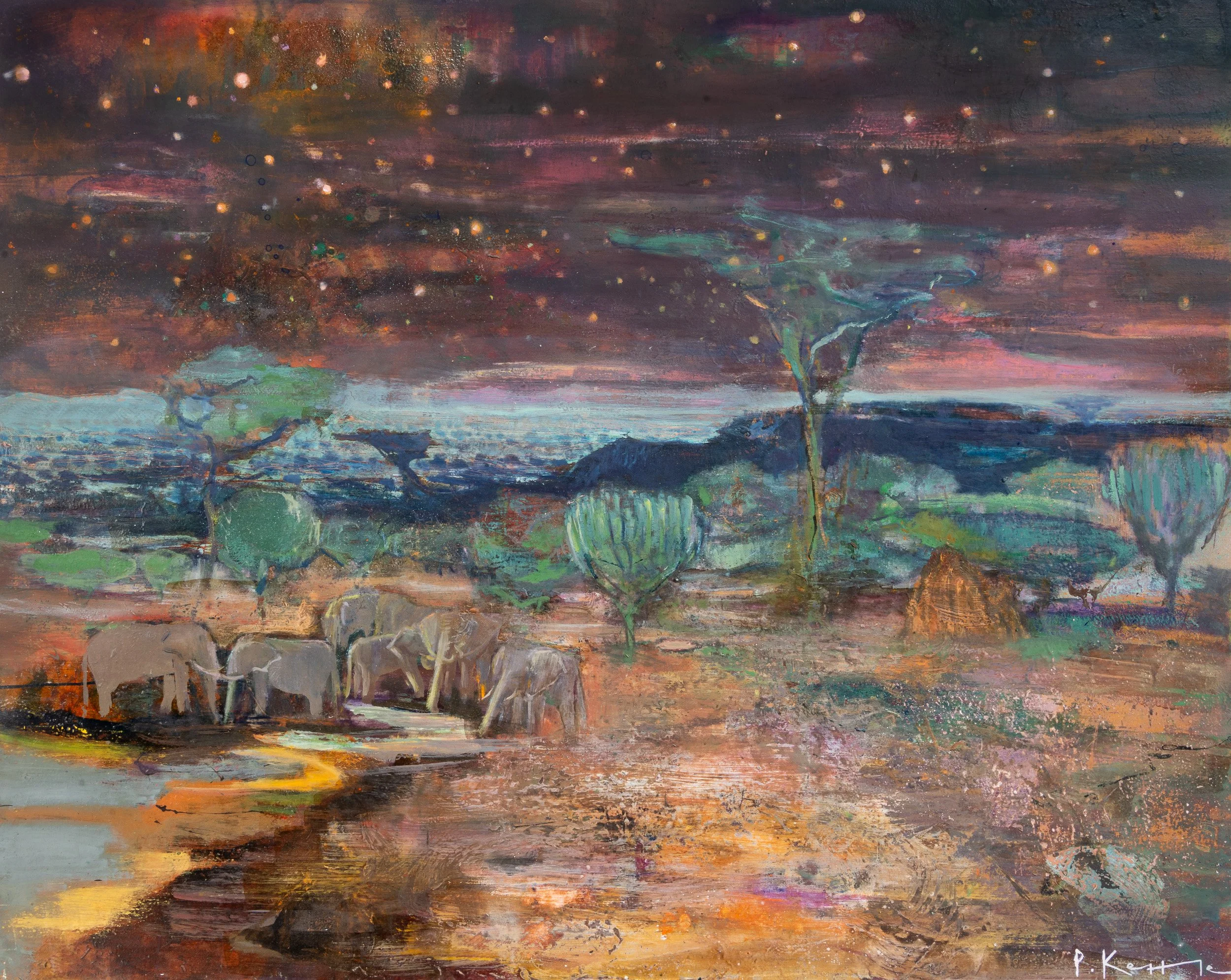 Original painting of elephants at a watering hole at dusk in Amboseli, Kenya, with acacia trees and Kilimanjaro beneath a dark starlit sky.