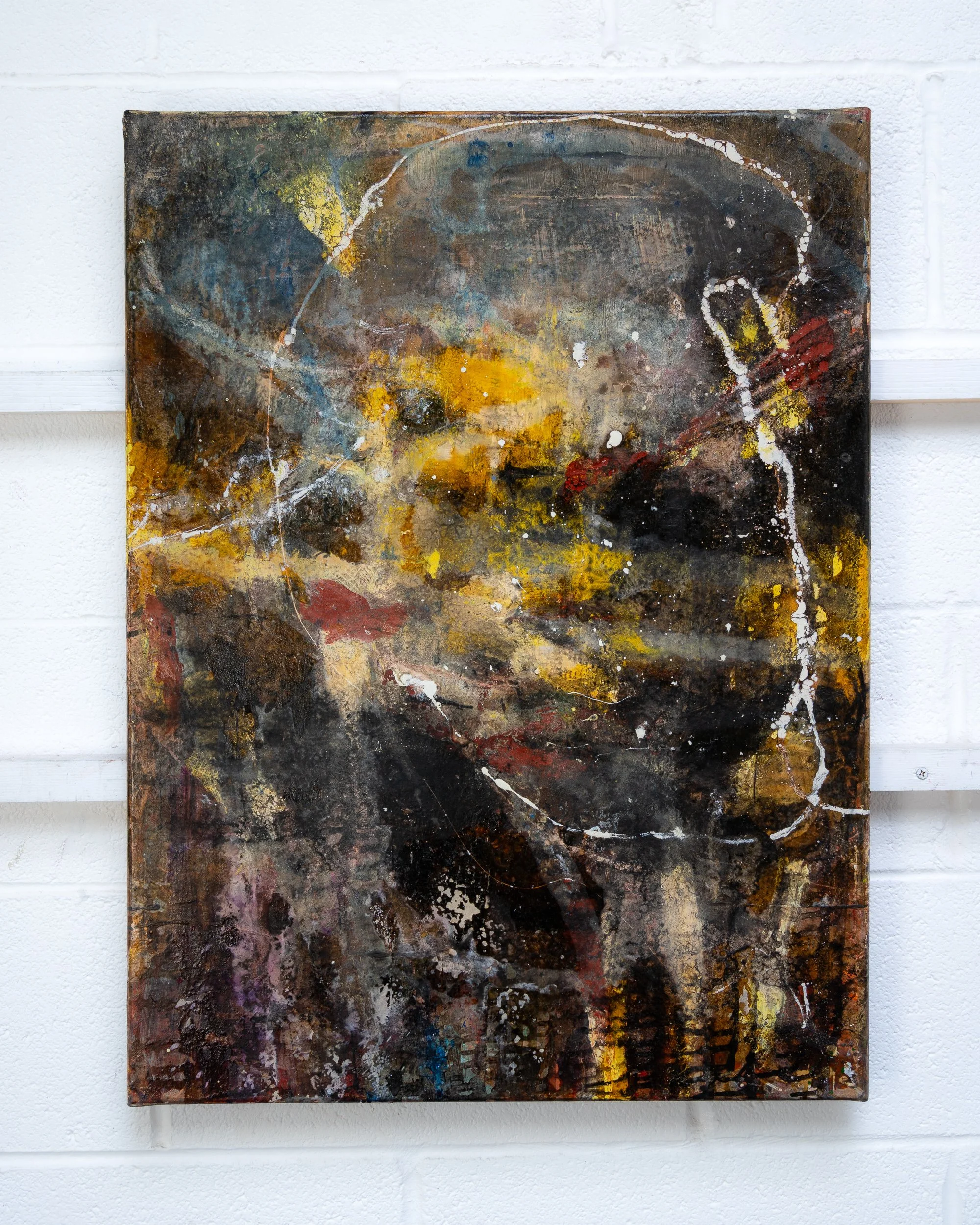 After Lenana by Peter Kettle, an abstract oil and mixed media painting inspired by Mount Kenya, photographed on the artist’s studio wall.