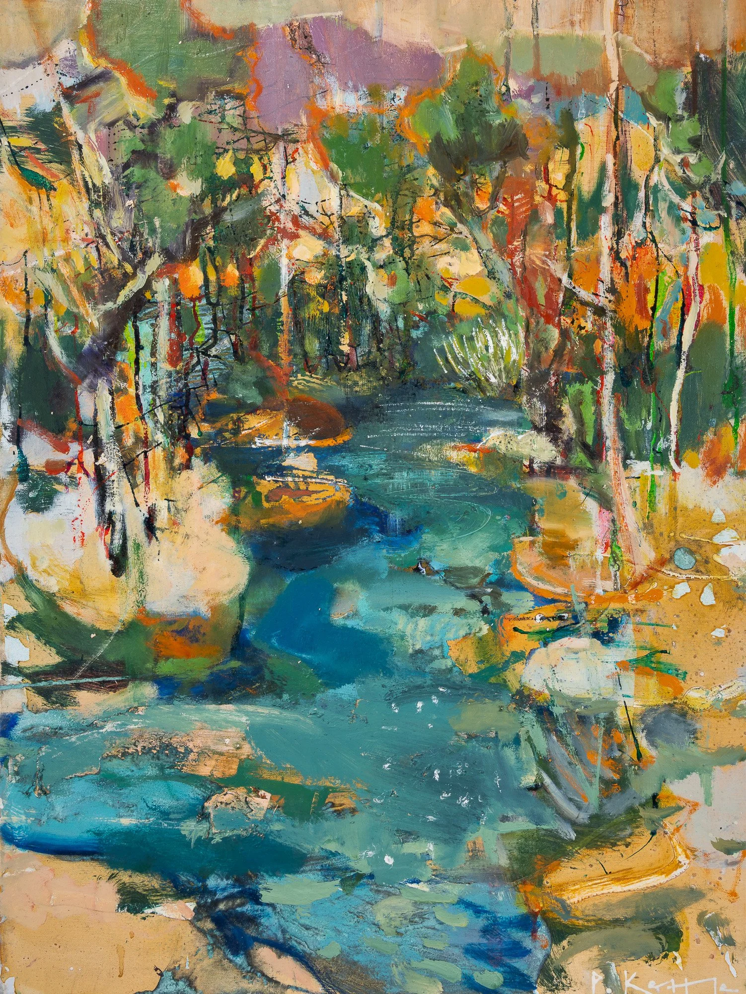 Expressive landscape painting by Peter Kettle depicting the Nithi River flowing through dense vegetation on the eastern slopes of Mount Kenya, Kenya.