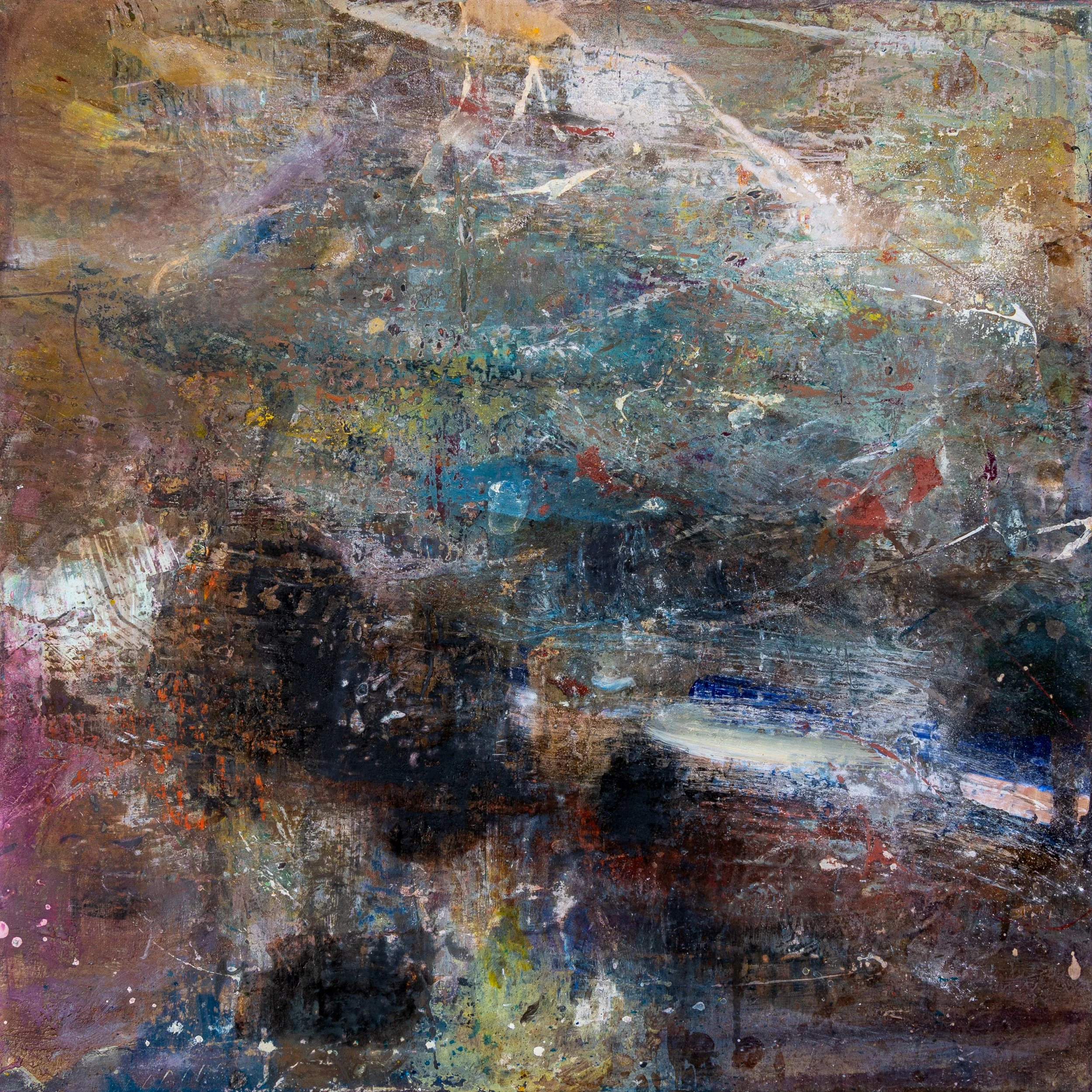 Corrie, an abstract oil and mixed media painting by Peter Kettle, inspired by the traces and geology of the Scottish landscape.