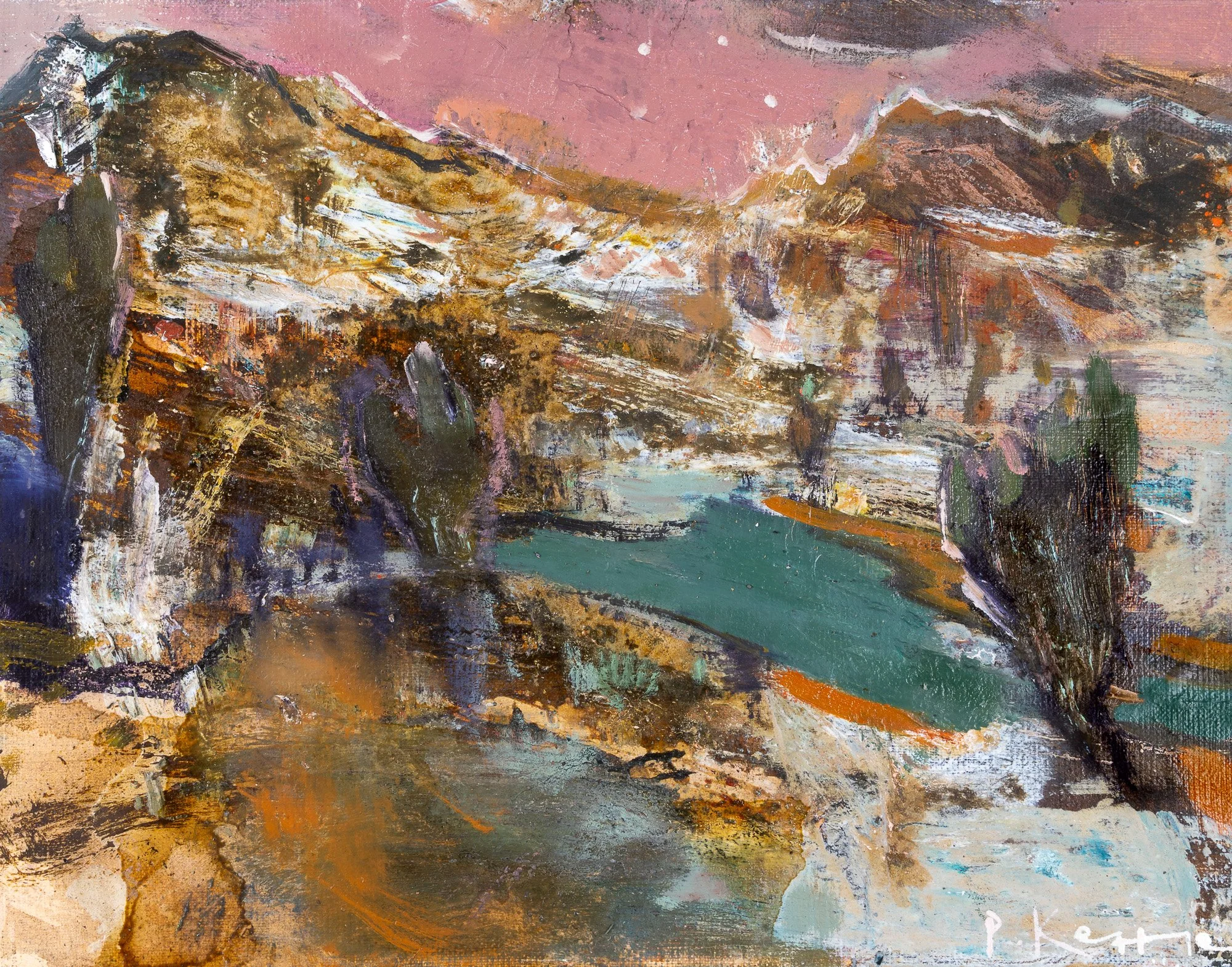 Original painting by Peter Kettle depicting a high-altitude lake near Mintos Camp in the rugged mountain landscape of Mount Kenya.