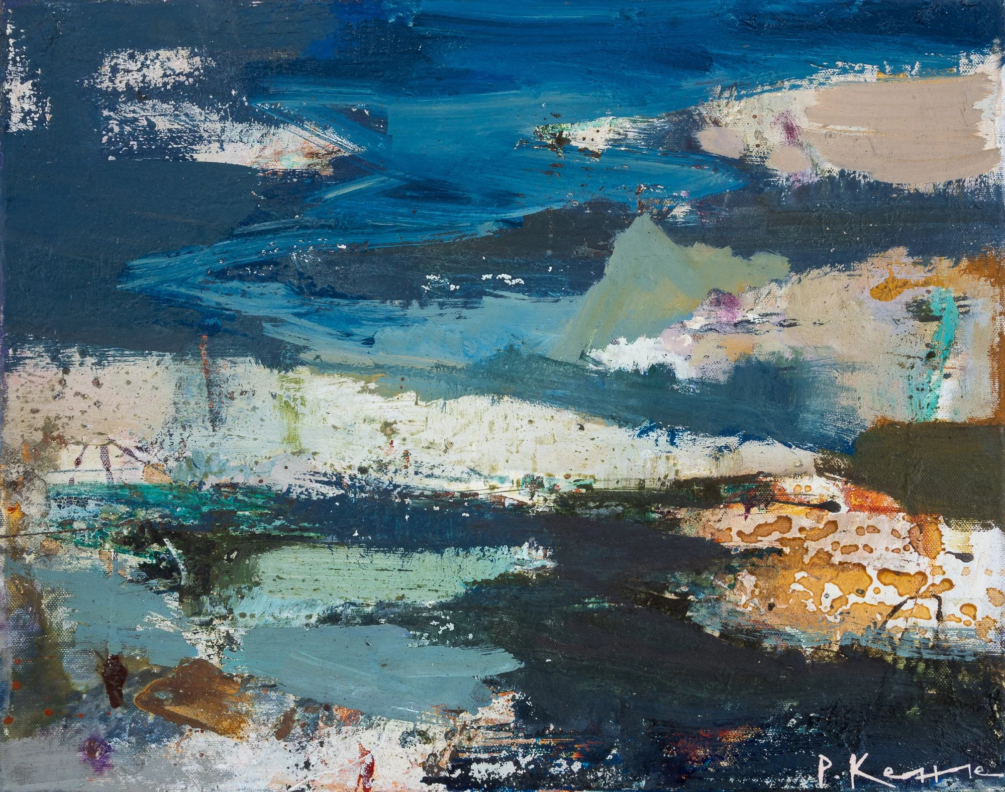 Nightfall at Lake Ellis, Beneath Kĩrĩnyaga by Peter Kettle, an expressive oil and mixed media painting inspired by Lake Ellis on Mount Kenya.