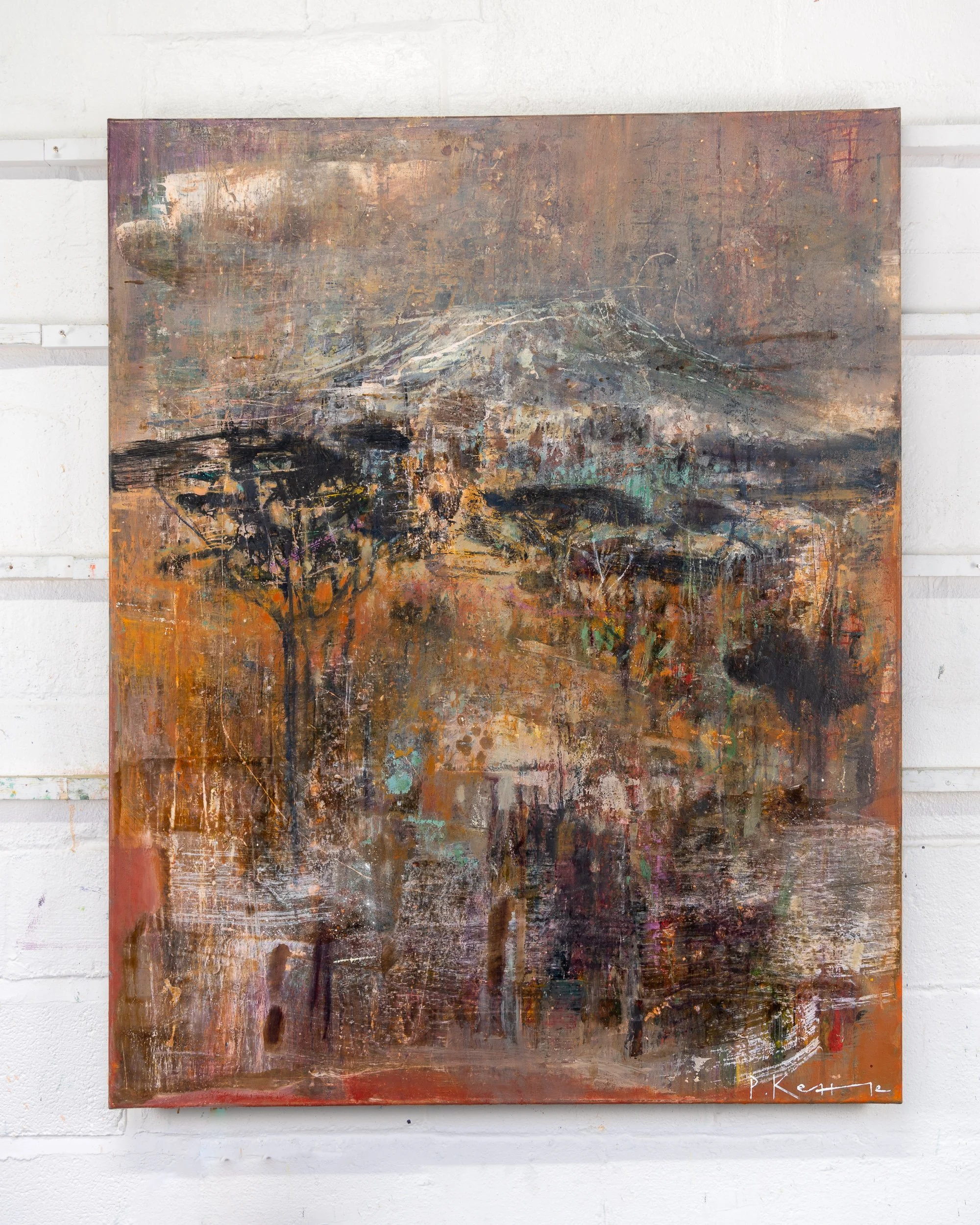 Kibo, Kilimanjaro, oil and mixed media painting by Peter Kettle, photographed in the studio