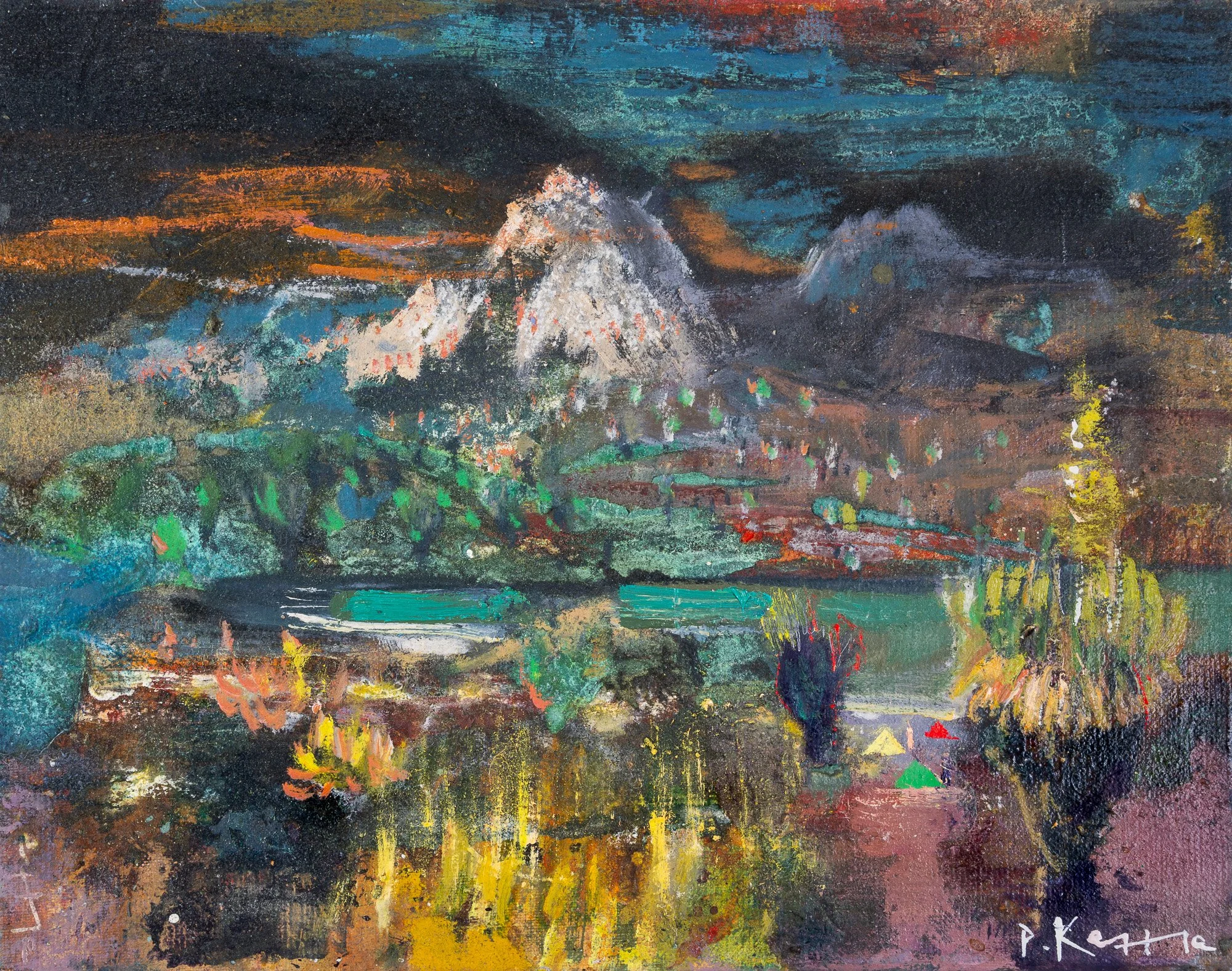 Original painting by Peter Kettle depicting giant groundsels at nightfall beneath the peaks of Mount Kenya.