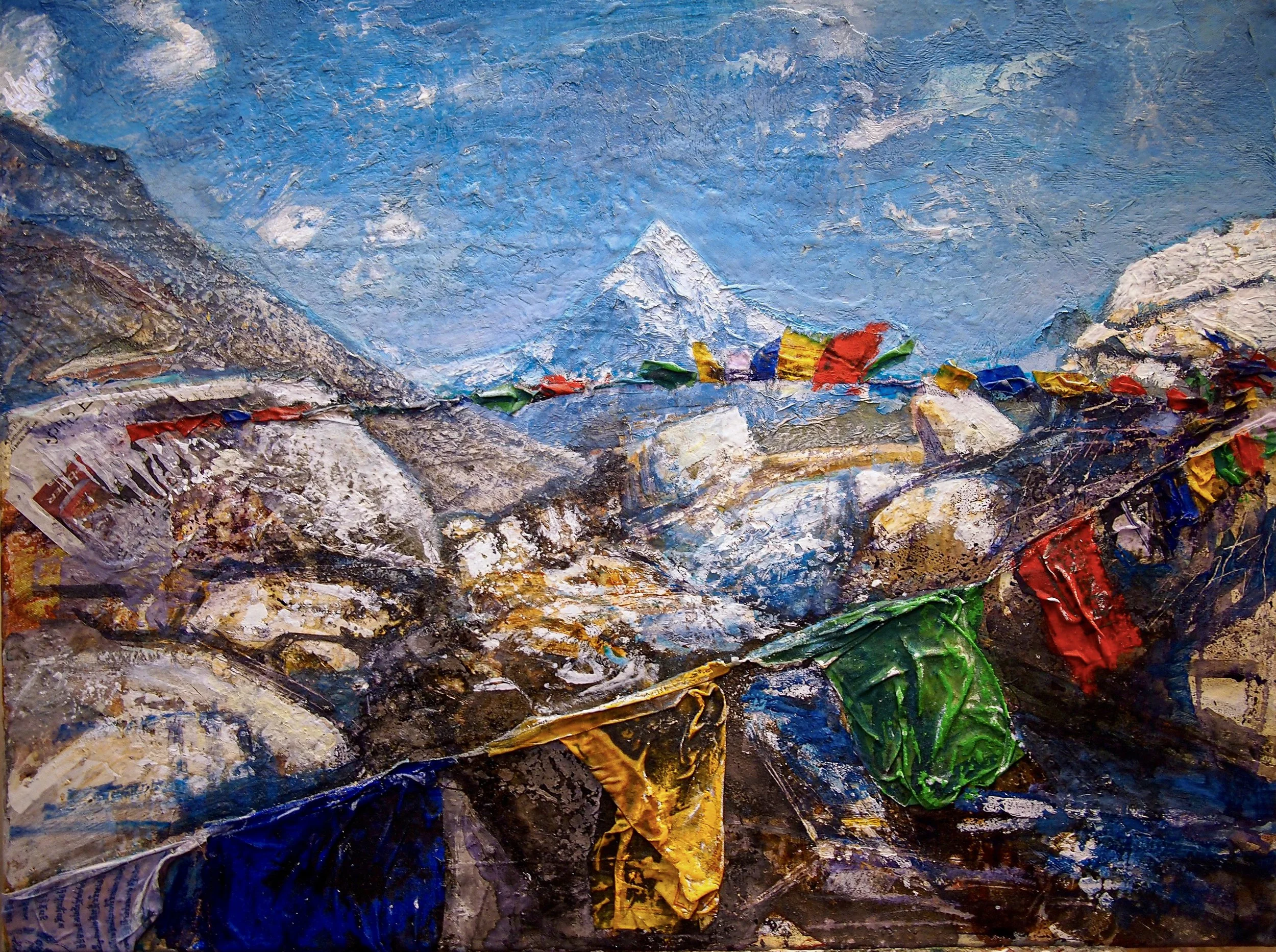 Colourful prayer flags in the Ama Dablam Memorial Valley on the Everest Base Camp trail, original Himalayan painting by Peter Kettle.