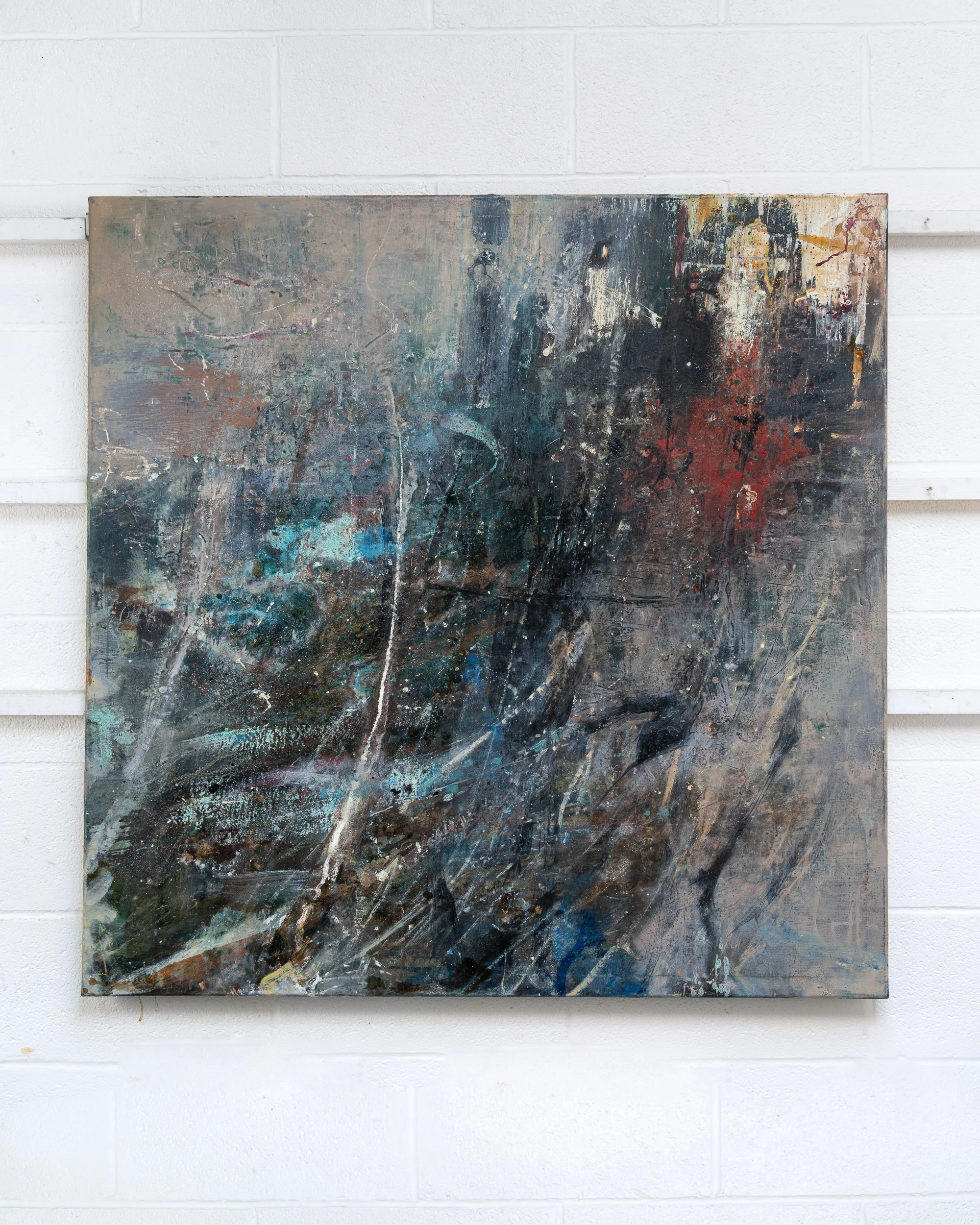 Into Chogoria by Peter Kettle, an abstract oil and mixed media painting inspired by the descent through Mount Kenya’s Chogoria landscape.