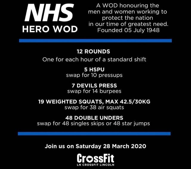 Tomorrows workout. Let's see how many of you can do it! Tag us in your attempts, let's all get it done, TOGETHER!
.
Love this new NHS Hero WOD,  so well deserved! @nhswebsite
@nhsenglandldn @national_health_service
.
.
.
.
.
#nhs #crossfit #wearegran