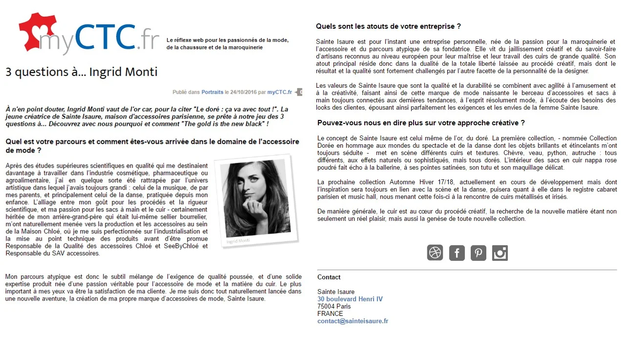Octobre 2016 : Article du blog My CTC - Interview d’Ingrid Monti, créatrice de la marque Sainte Isaure.