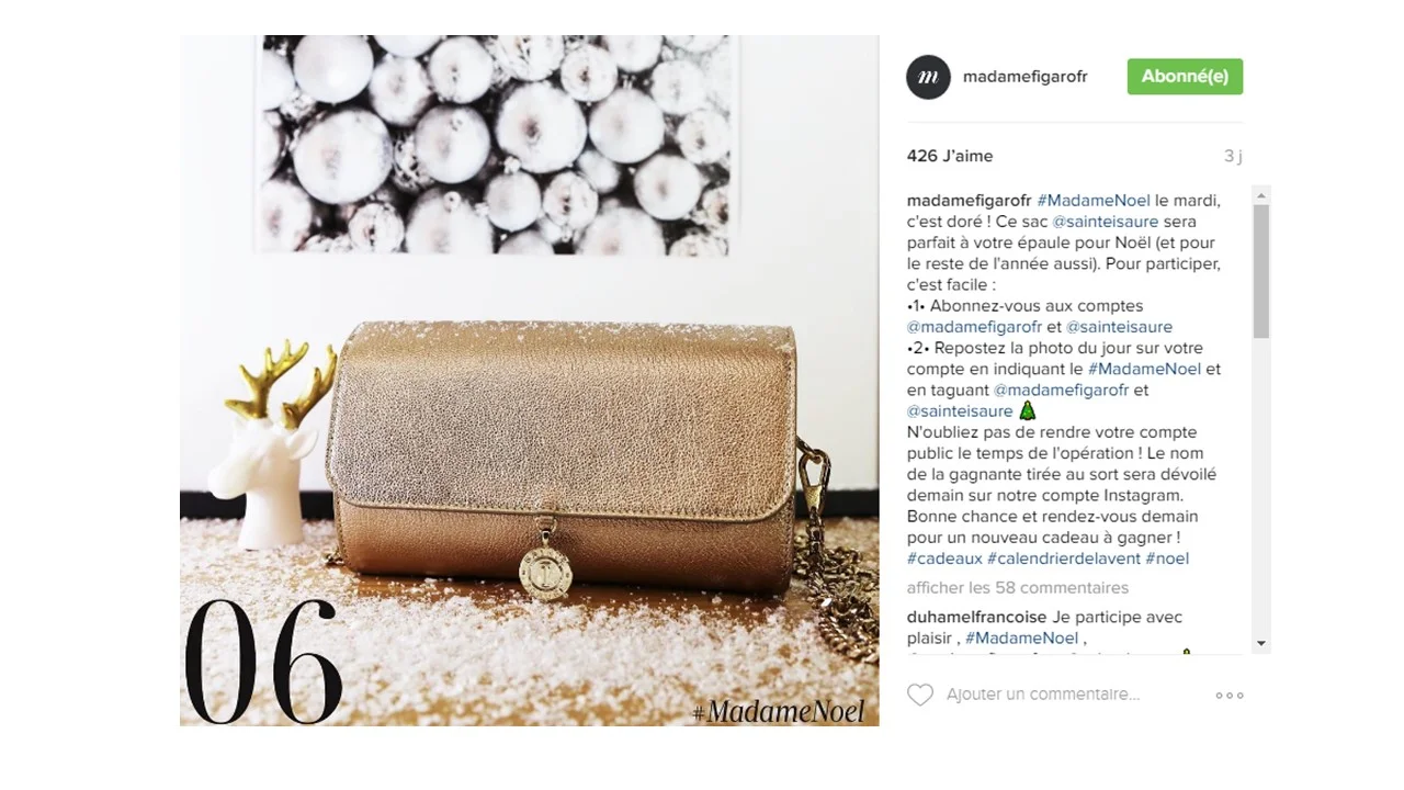 Décembre 2016 : Instagram @madamefigarofr – Renée chèvre doré dans le calendrier de l’Avent.
