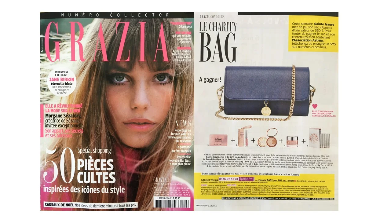 Décembre 2016 : Journal Grazia France – Renée collection capsule Bleu Nuit est le Charity bag.