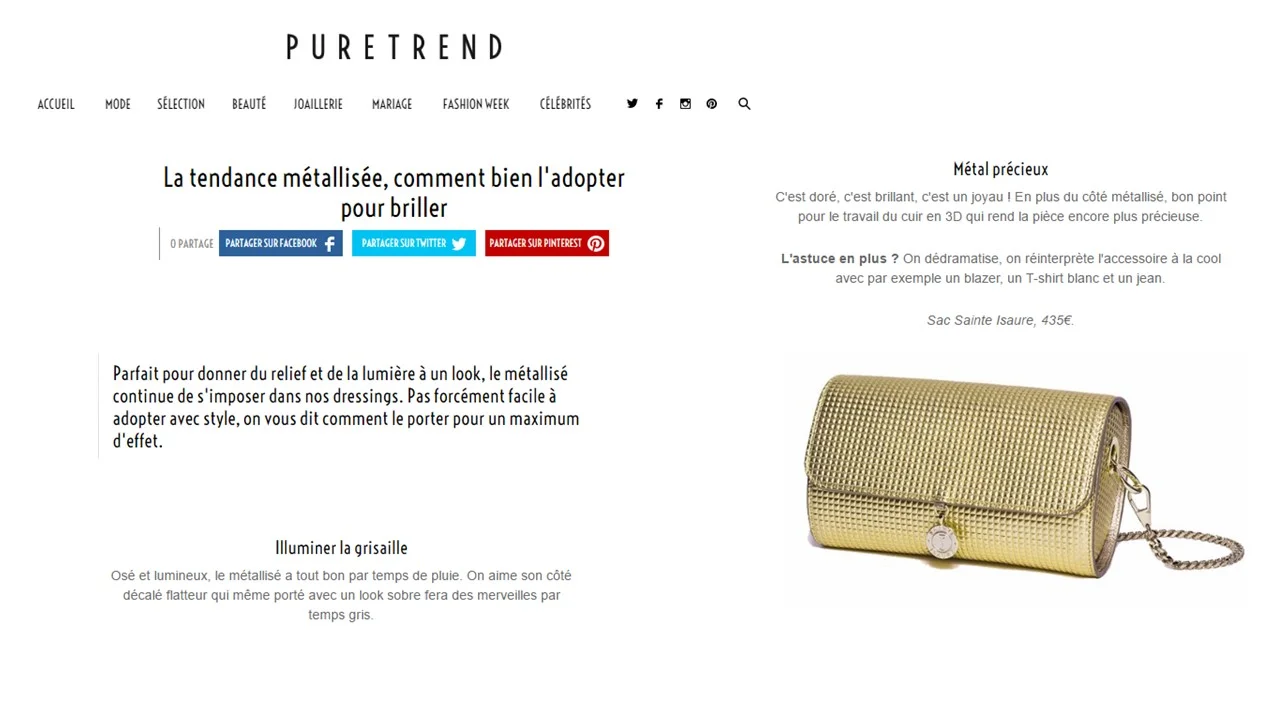 Mars 2017 : Puretrend.com L’OFFICIEL en ligne – Renée 3D en plein dans la tendance métallisée.