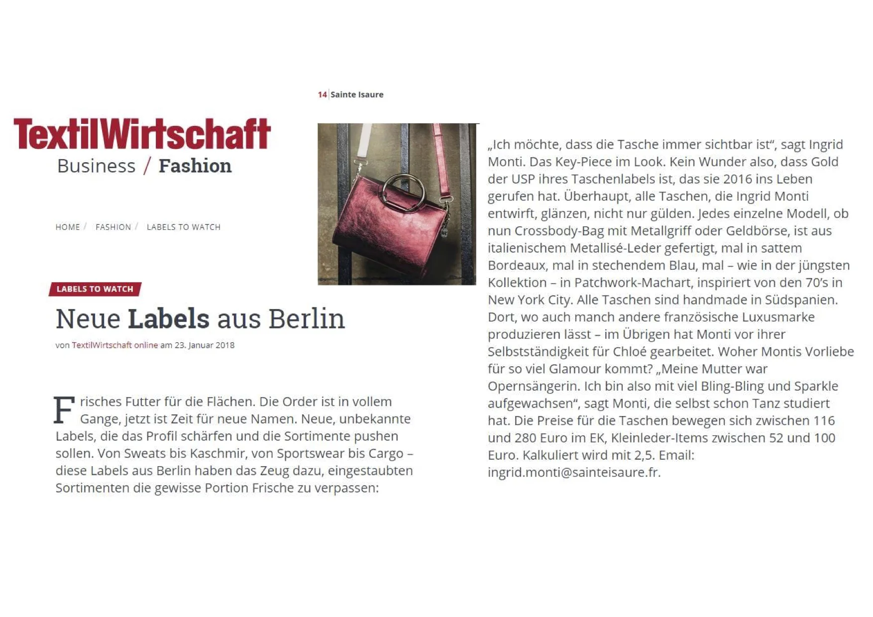 Janvier 2018 : Magazine TextilWirtschaft – Sainte Isaure fait partie des nouveaux labels présentés à Berlin à ne pas manquer