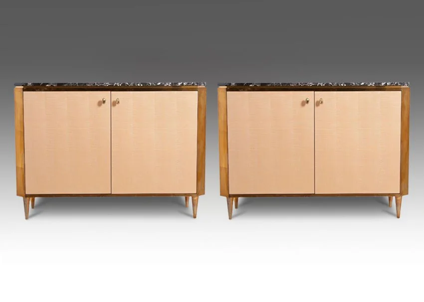Pair Of Contemporary Matching Sycamore, Brass and Marble Cabinets