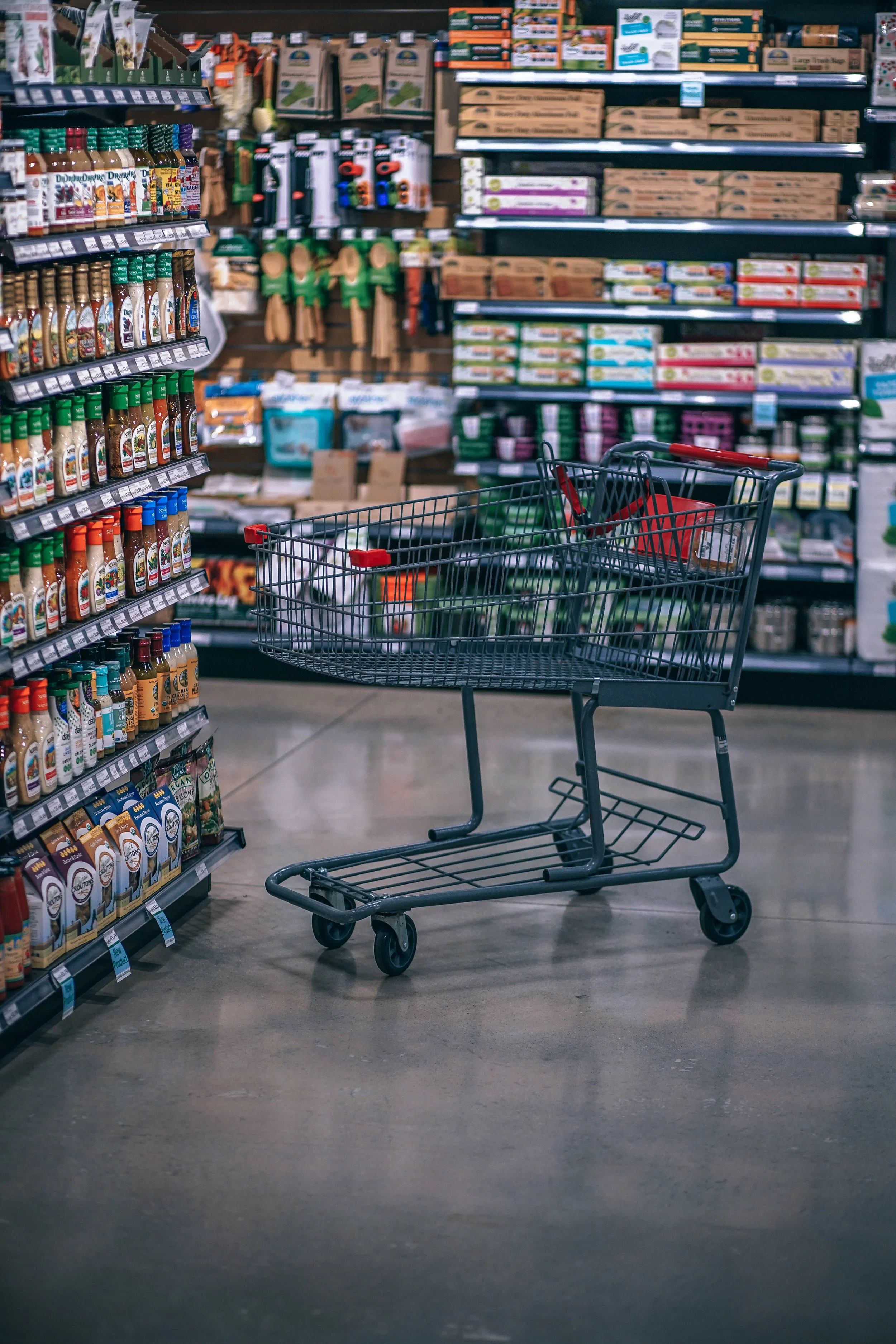 A shopping cart and food in a grocery store aisle