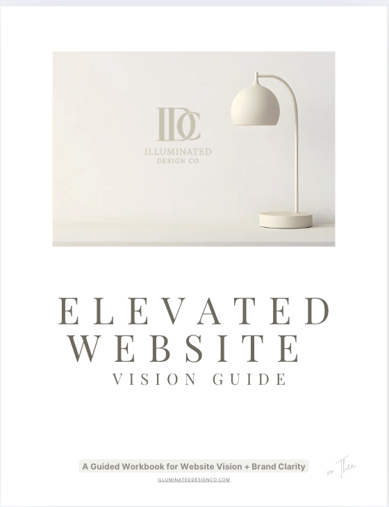 Cover page of a website vision guide titled "Elevated Website" with a white desk lamp on the top right and the logo of Illuminated Design Co.