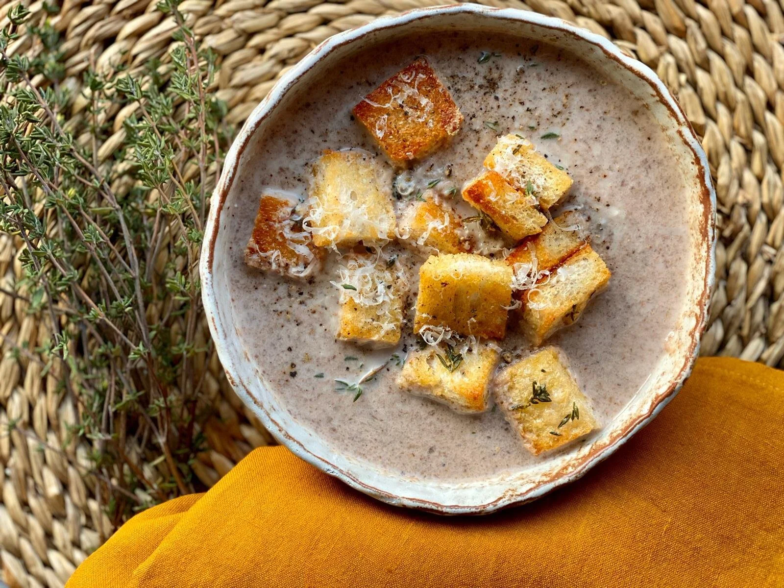 Mushroom Soup with Parmesan Thyme Croutons