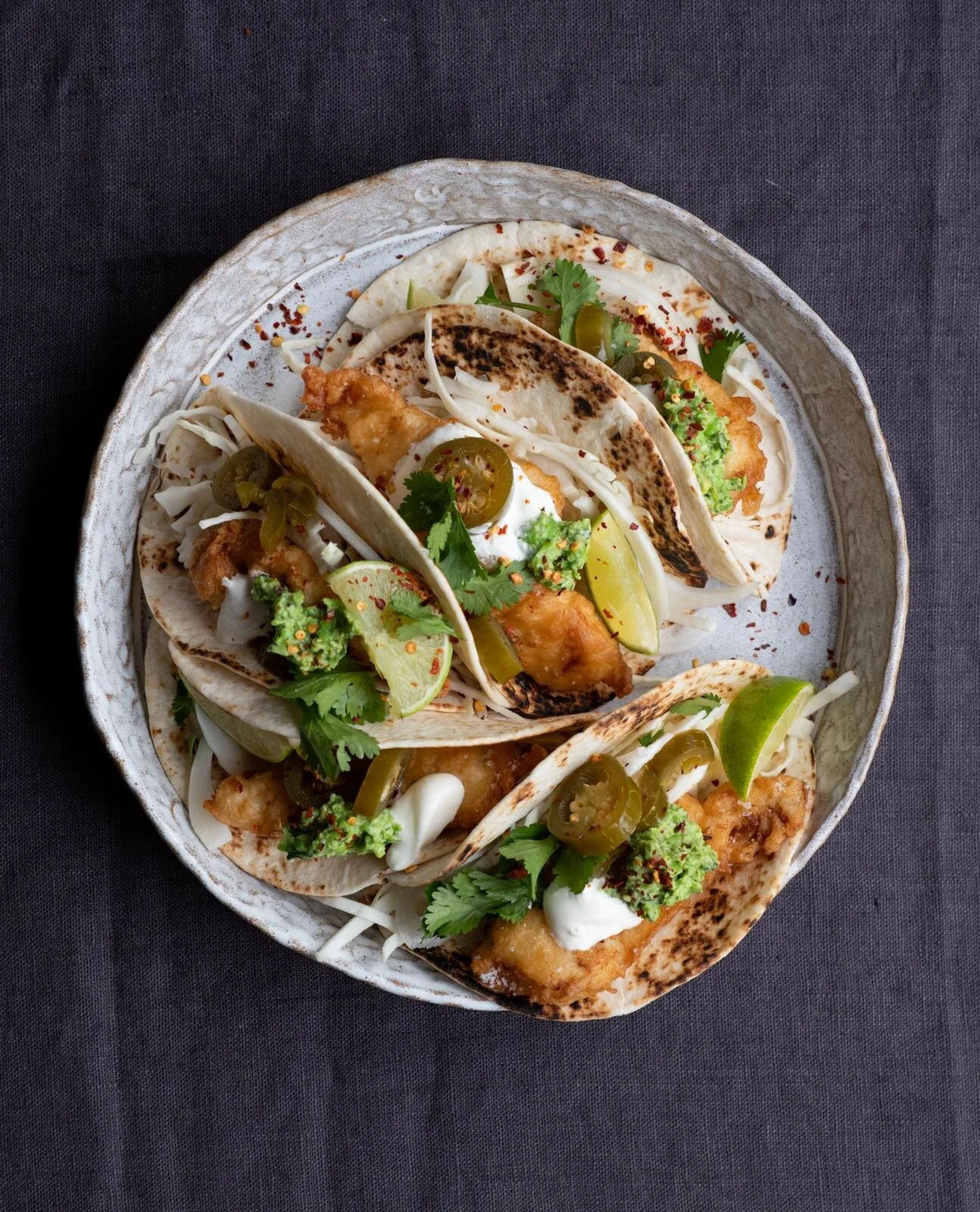 Fish Tacos With Pea Guacamole