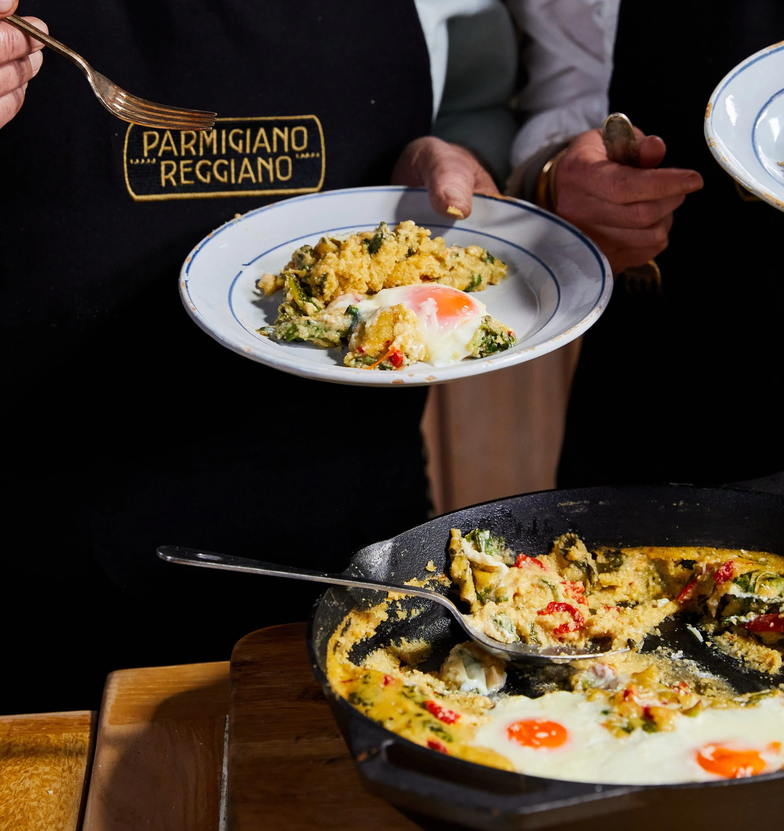 SUMMER BAKED EGGS IN PARMESAN POLENTA WITH RED PEPPERS, BASIL AND SPINACH
